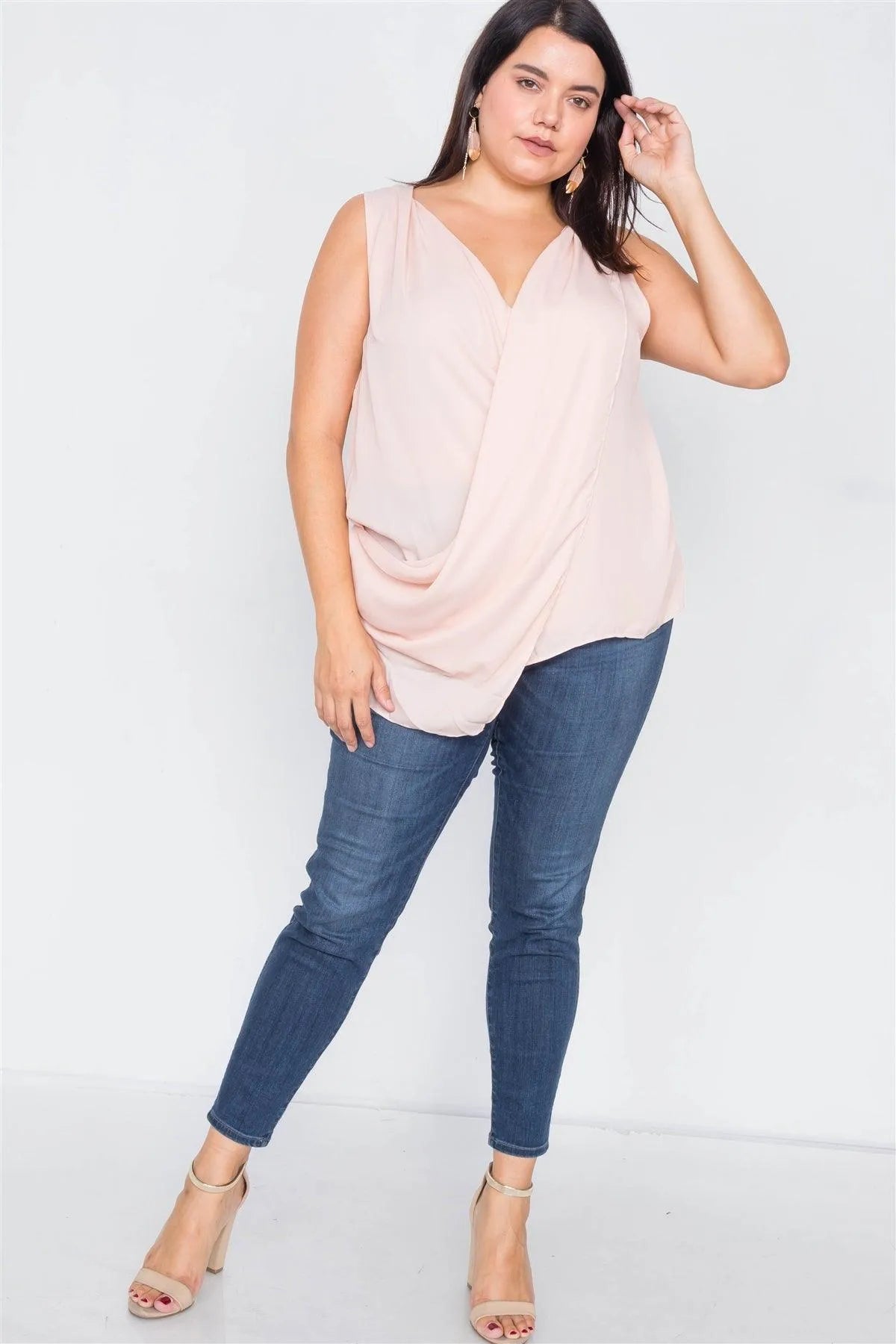 Junior Plus Size Sheer Blush Surplus V-neck Chic Sleeveless Blouse /3-2-1 - Tasha Apparel Wholesale