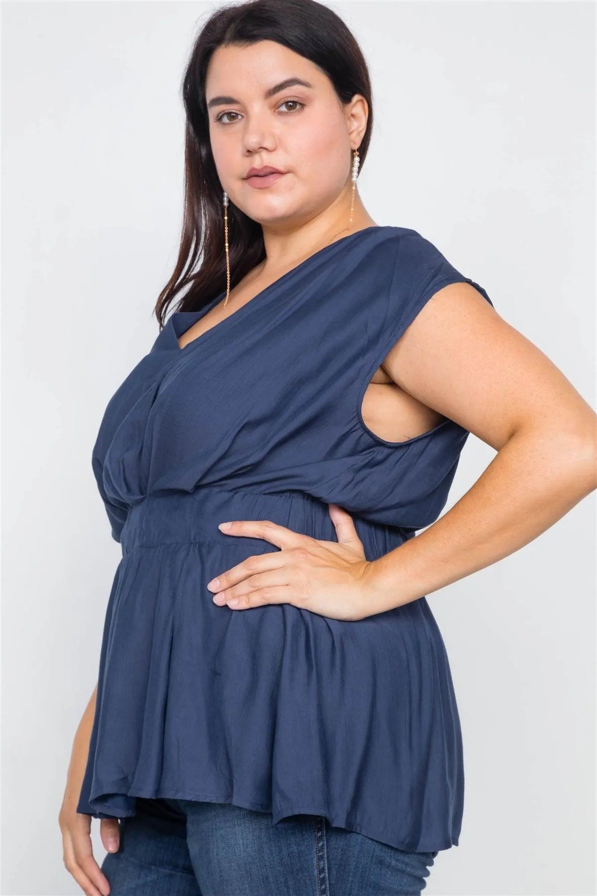 Plus Size Navy V-Neck Sleeveless Mock Peplum Top - Tasha Apparel Wholesale