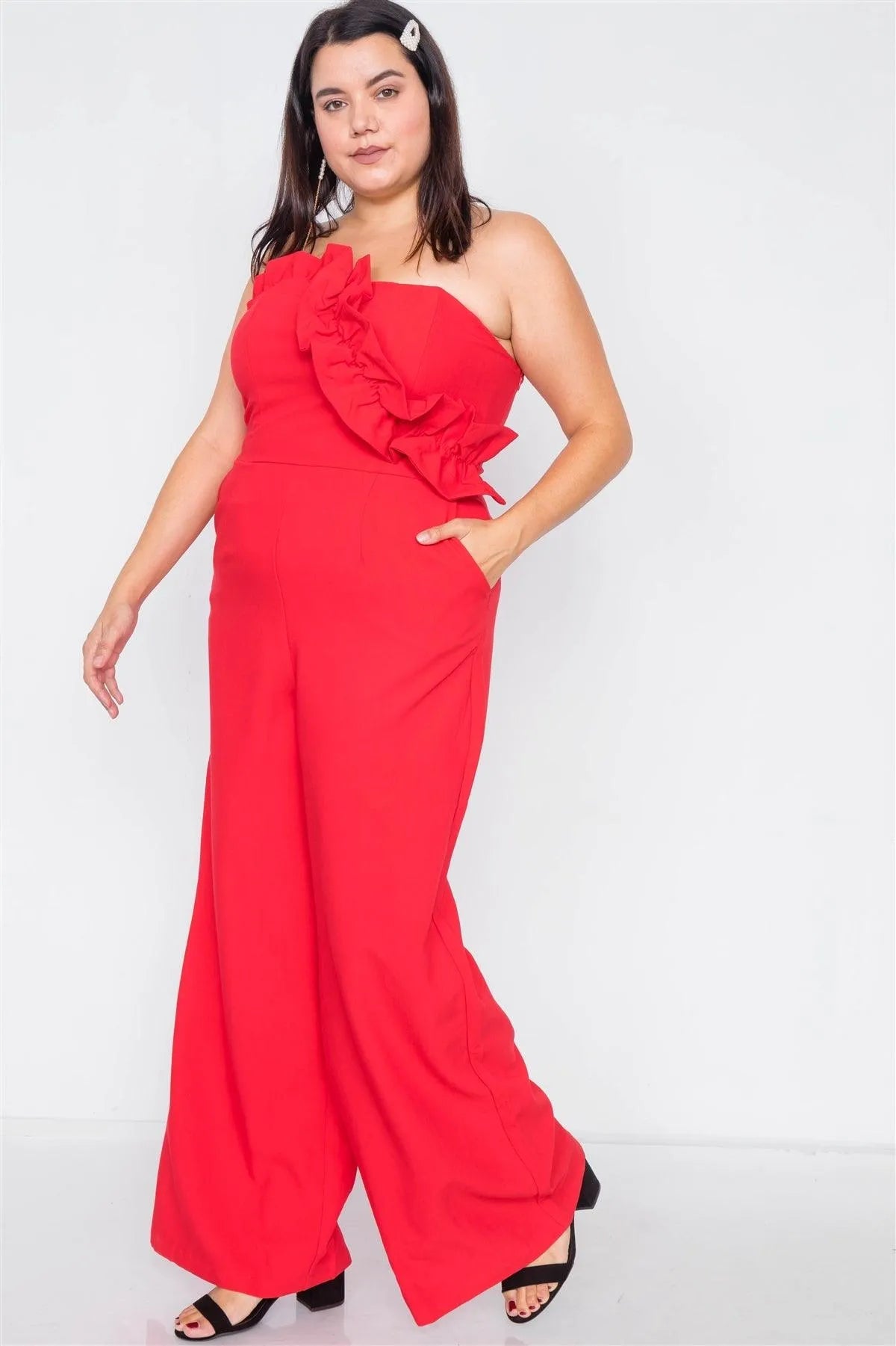 Junior Plus Size Red Sleeveless Flounce Trim Maxi Wide Led Jumpsuit /3-2-1 - Tasha Apparel Wholesale