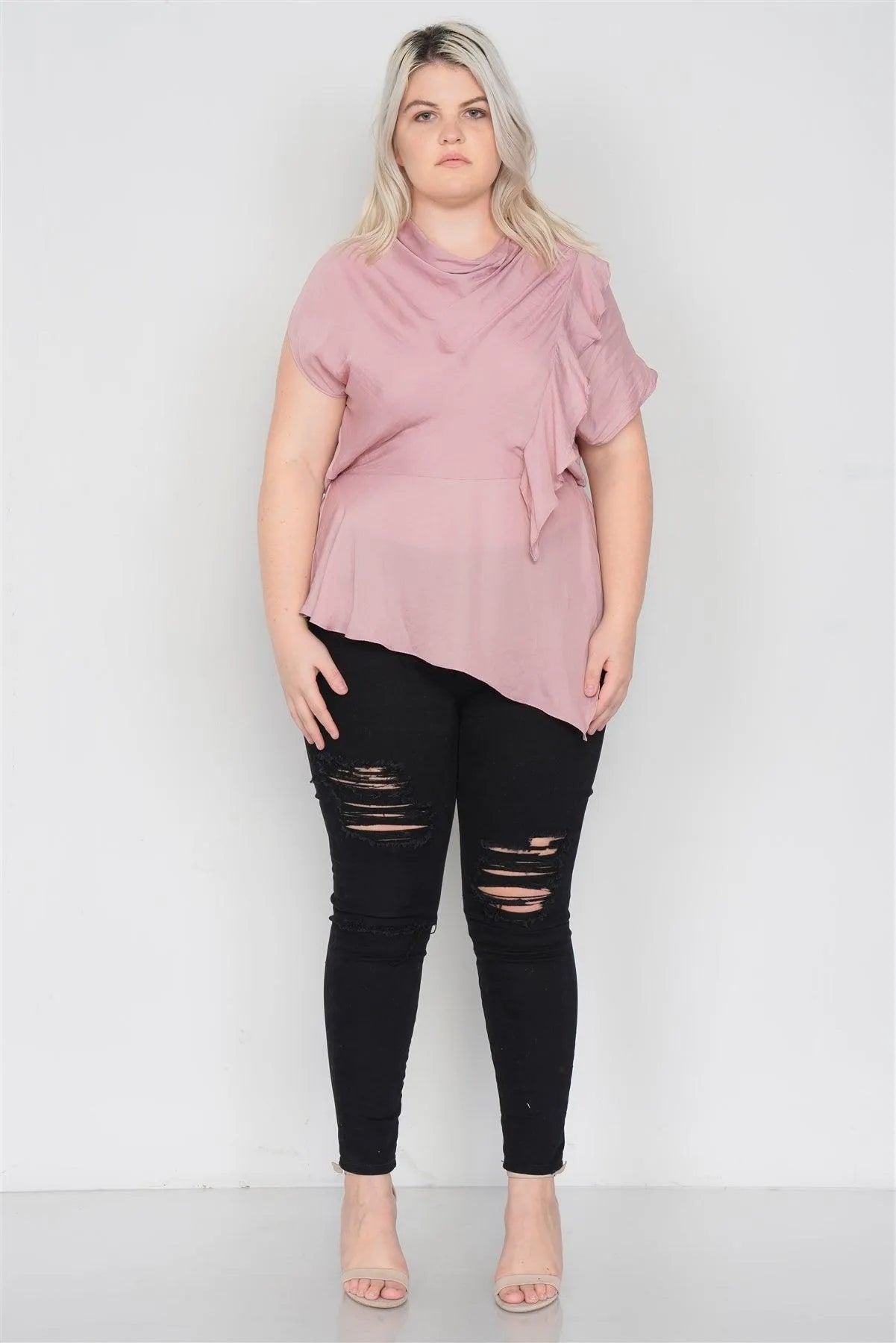 Plus Size Mauve Satin Handkerchief Hem Blouse - Tasha Apparel Wholesale