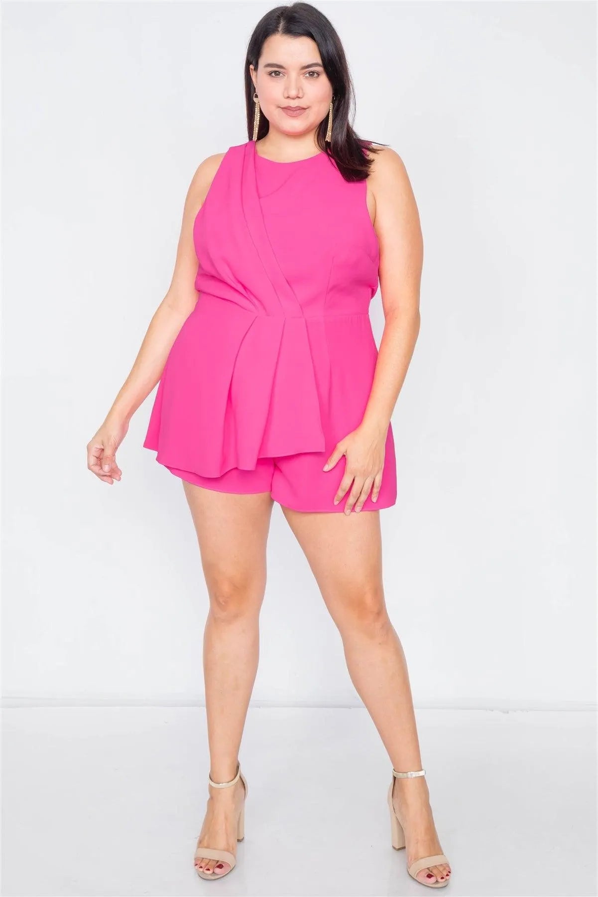 Plus Size Hot Pink Pleated Sleeveless Short Romper - Tasha Apparel Wholesale