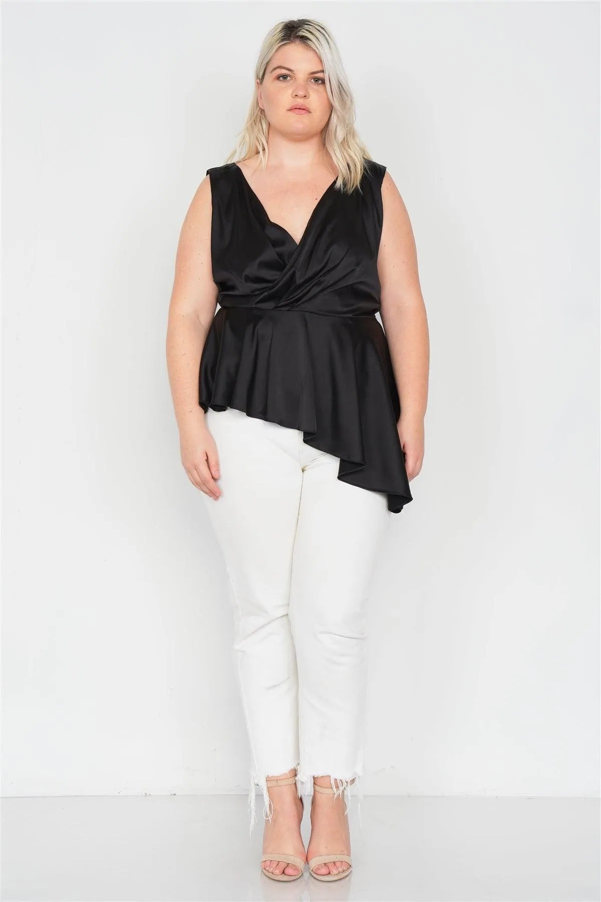 Plus Size Black Silk V-Neck Asymmetrical Handkerchief Top /3-2-1 - Tasha Apparel Wholesale