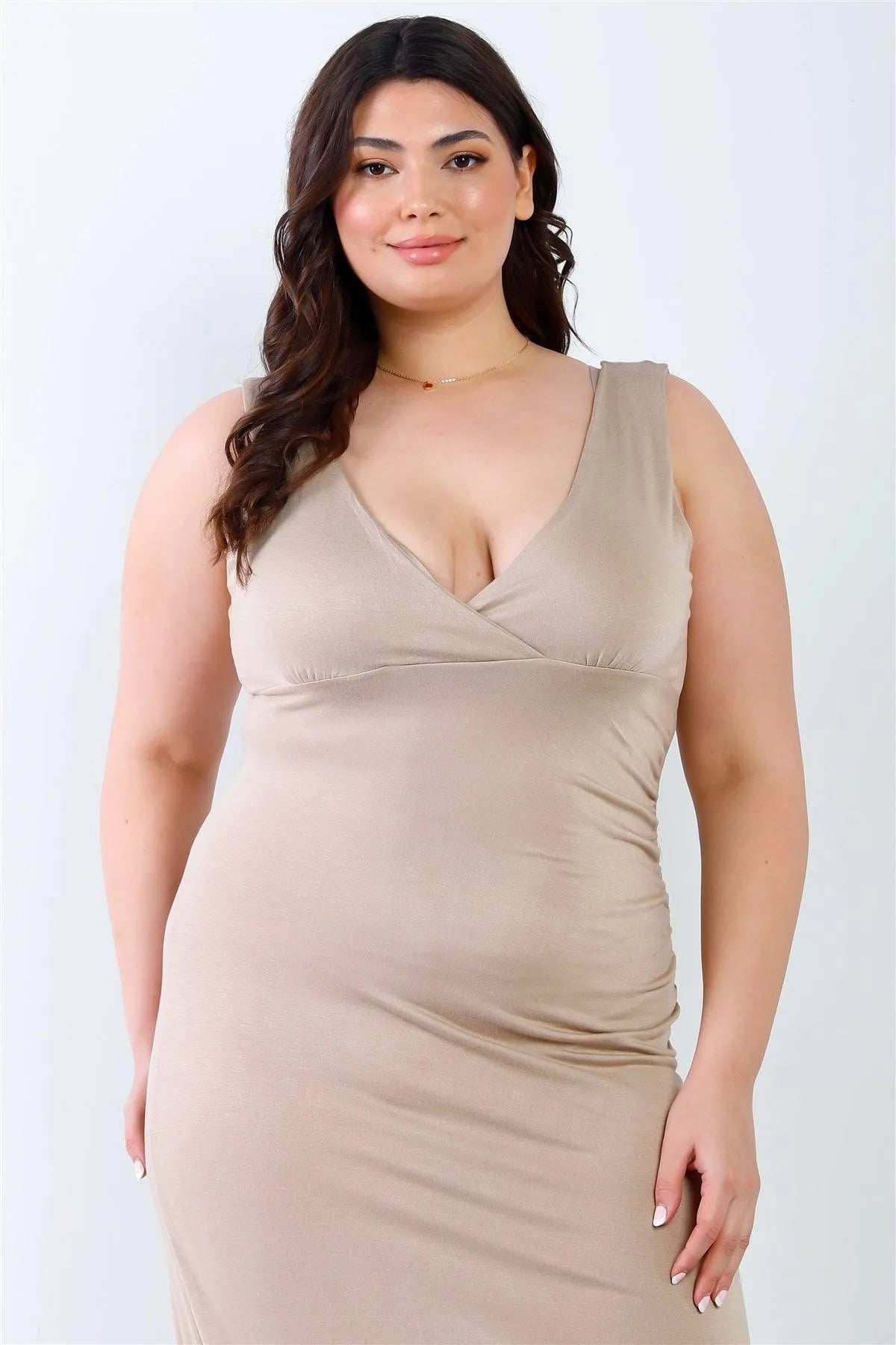 Junior Plus Beige V-Neck Sleeveless Maxi Dress /1-2-1 - Tasha Apparel Wholesale