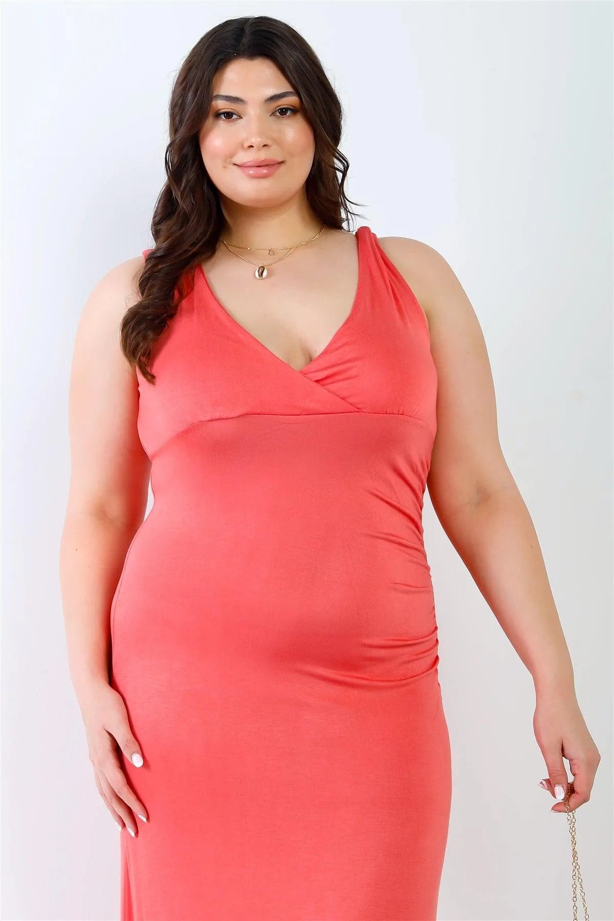 Junior Plus Coral V-Neck Sleeveless Maxi Dress /1-2-2 - Tasha Apparel Wholesale