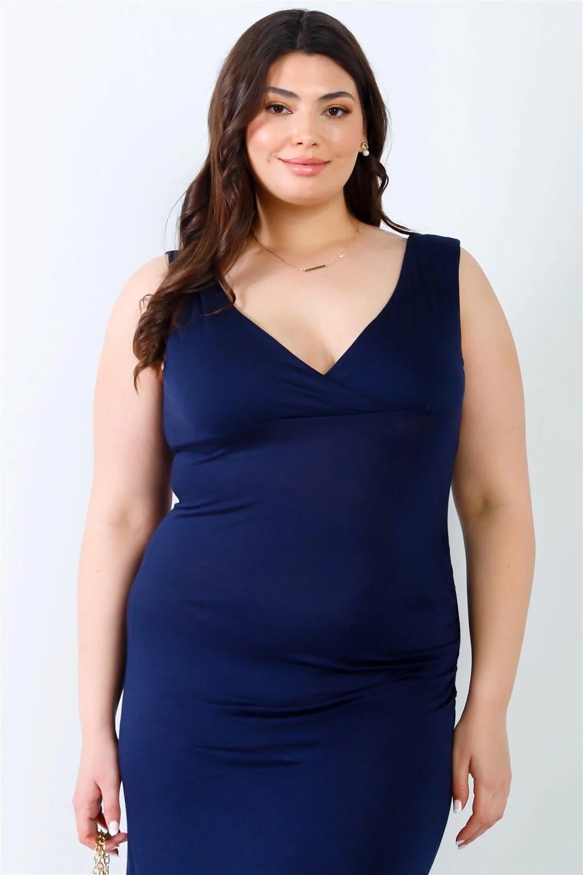 Junior Plus Dark Navy V-Neck Sleeveless Maxi Dress /1-1-1 - Tasha Apparel Wholesale