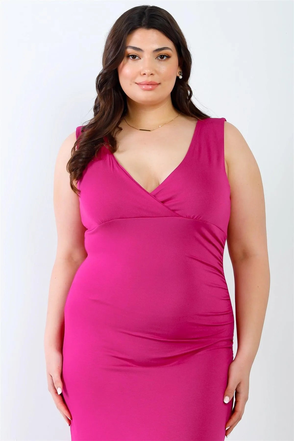 Junior Plus Fuchsia V-Neck Sleeveless Maxi Dress /3-3 - Tasha Apparel Wholesale