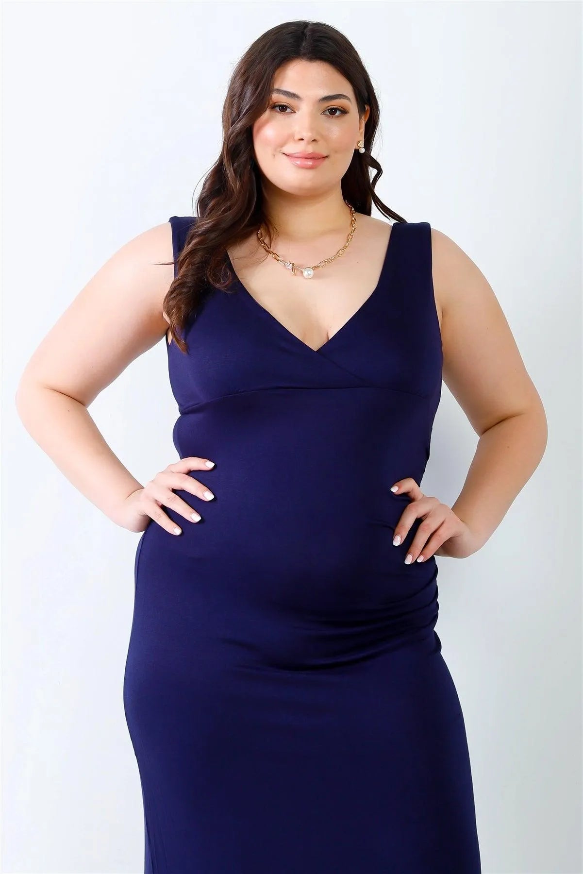 Junior Plus Navy V-Neck Sleeveless Maxi Dress /2-2-2 - Tasha Apparel Wholesale