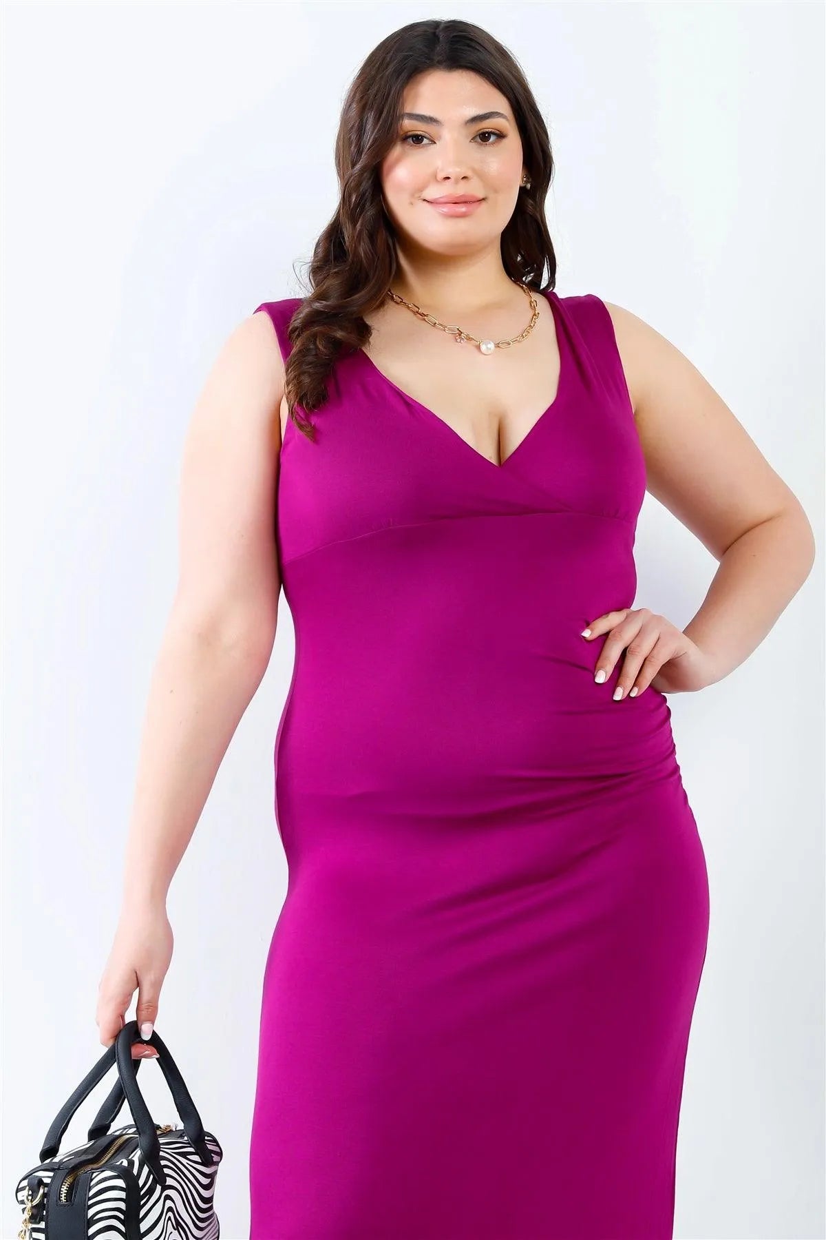 Plus Size Elegant V-Neck Sleeveless Stretchy Curve-Hugging Plum Maxi Dress - Tasha Apparel Wholesale