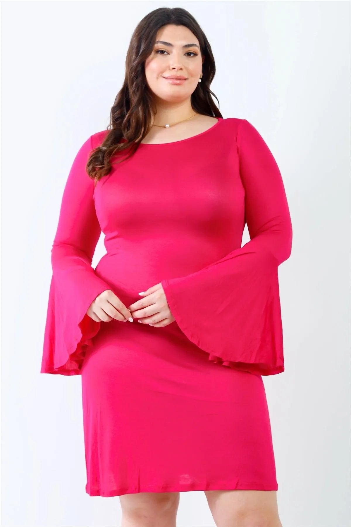Junior Plus Fuchsia Bell Long Sleeve Mini Dress /2-2-2 - Tasha Apparel Wholesale