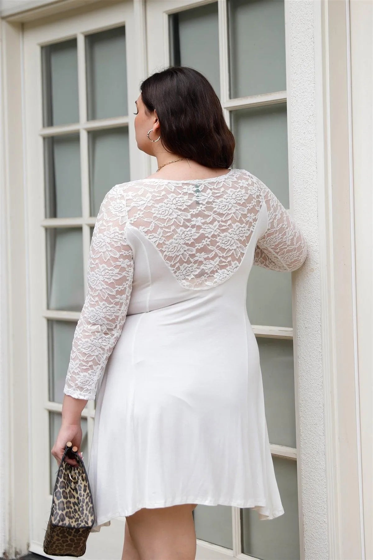 Junior Plus Off-White Lace Detail Long Sleeve Mini Dress /2-2-2 - Tasha Apparel Wholesale