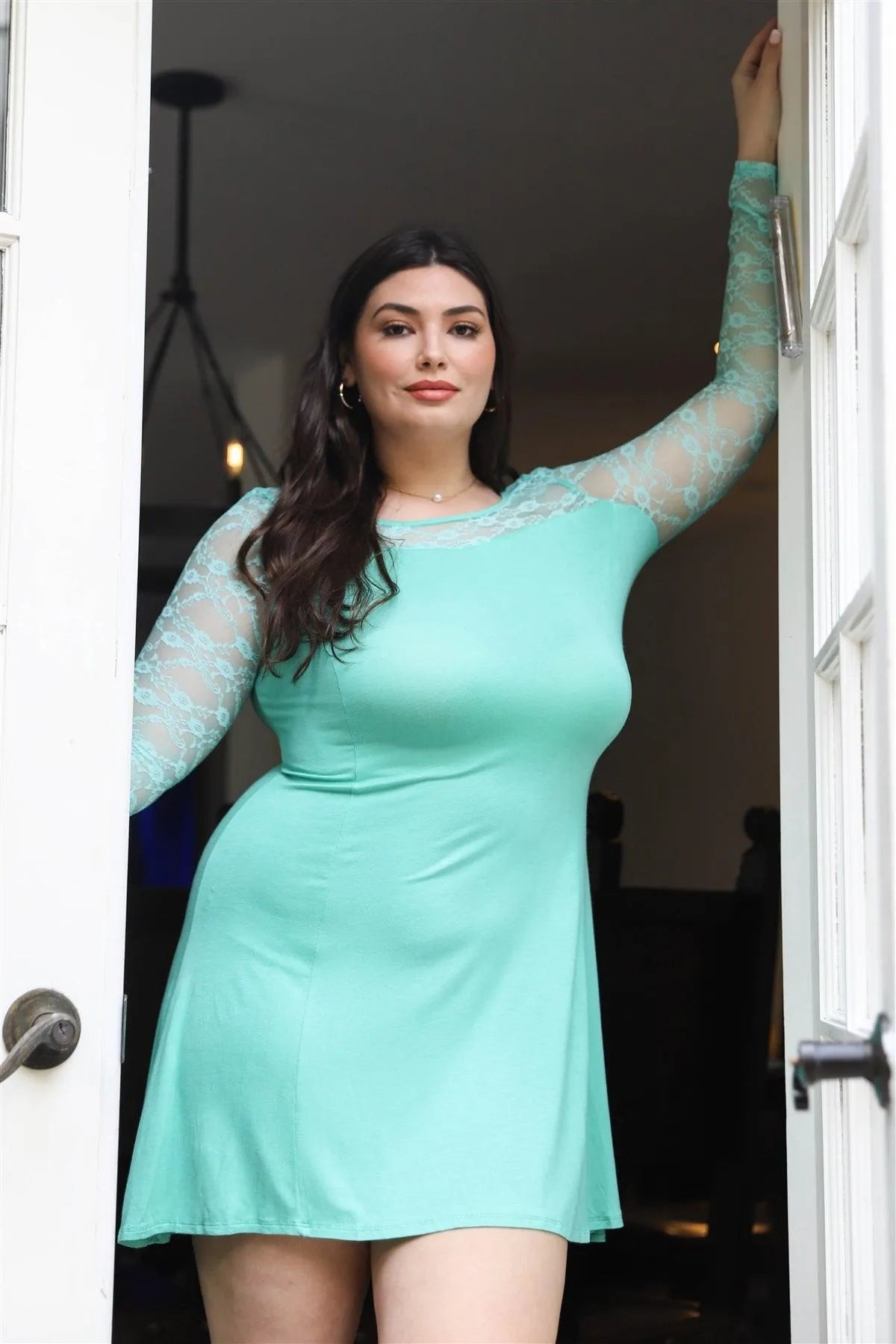 Junior Plus Seafoam Lace Detail Long Sleeve Mini Dress /2-2-2 - Tasha Apparel Wholesale