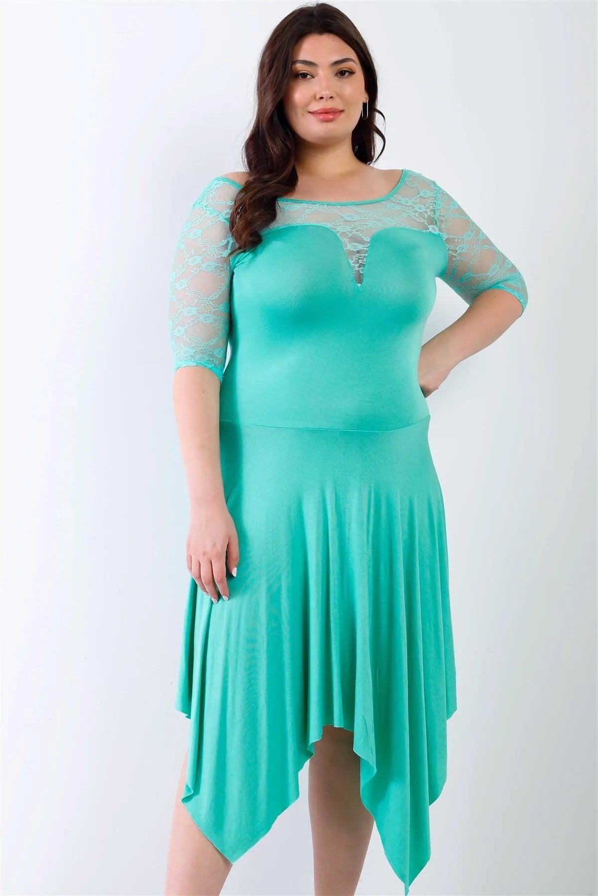 Junior Plus Mint Lace Details Handkerchief Hem Midi Dress /1-1-1 - Tasha Apparel Wholesale