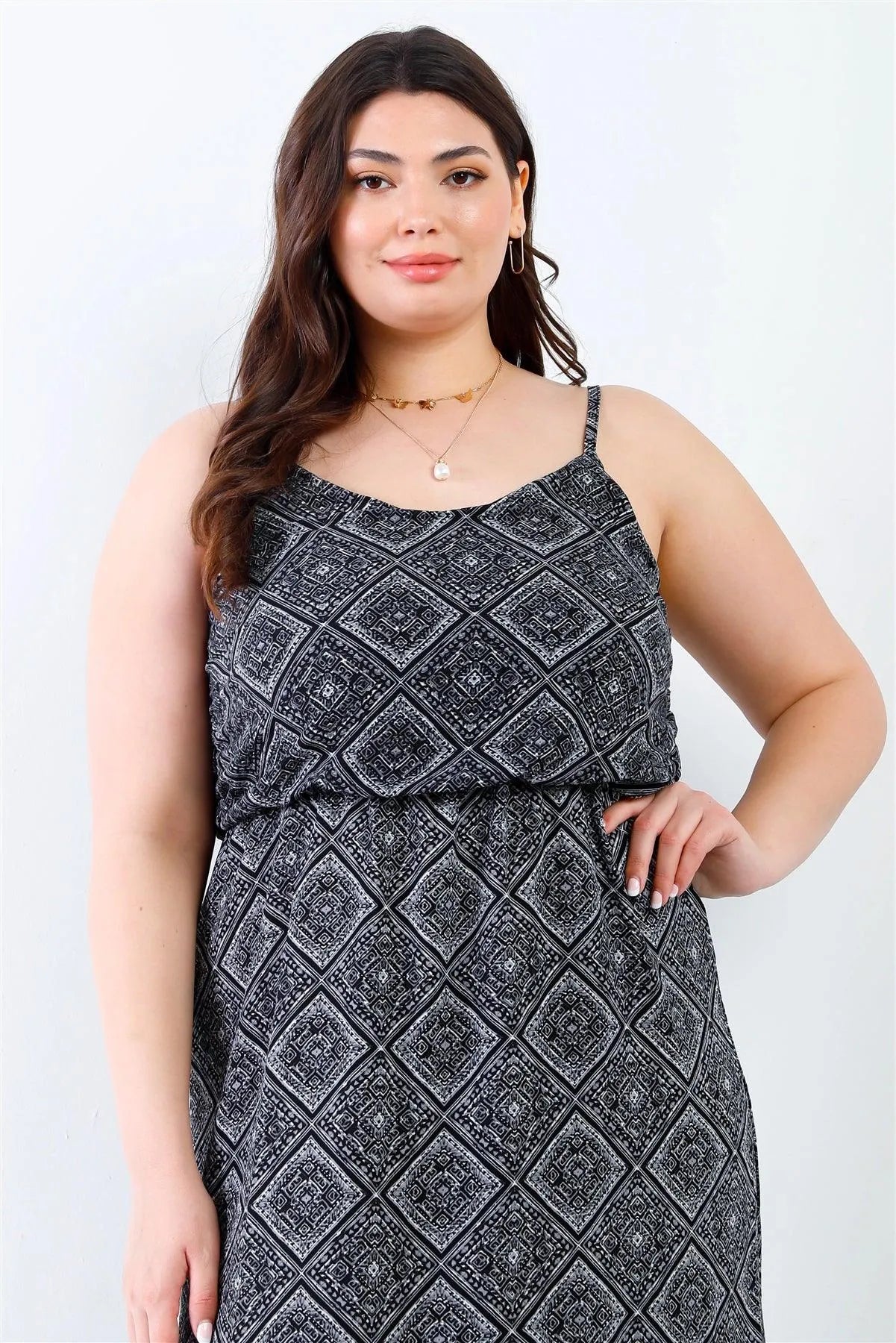 Junior Plus Charcoal Ornament Print Textured Sleeveless Maxi Dress /2-1-3 - Tasha Apparel Wholesale