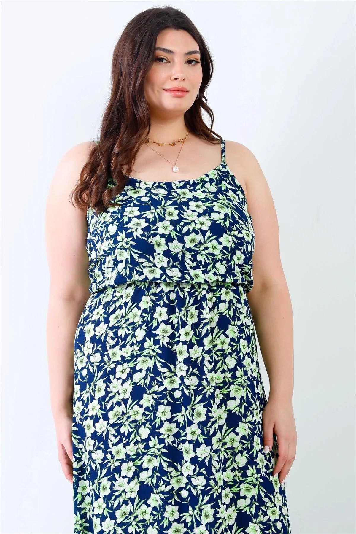 Junior Plus Navy & Green Floral Print Textured Sleeveless Maxi Dress /2-2-2 - Tasha Apparel Wholesale