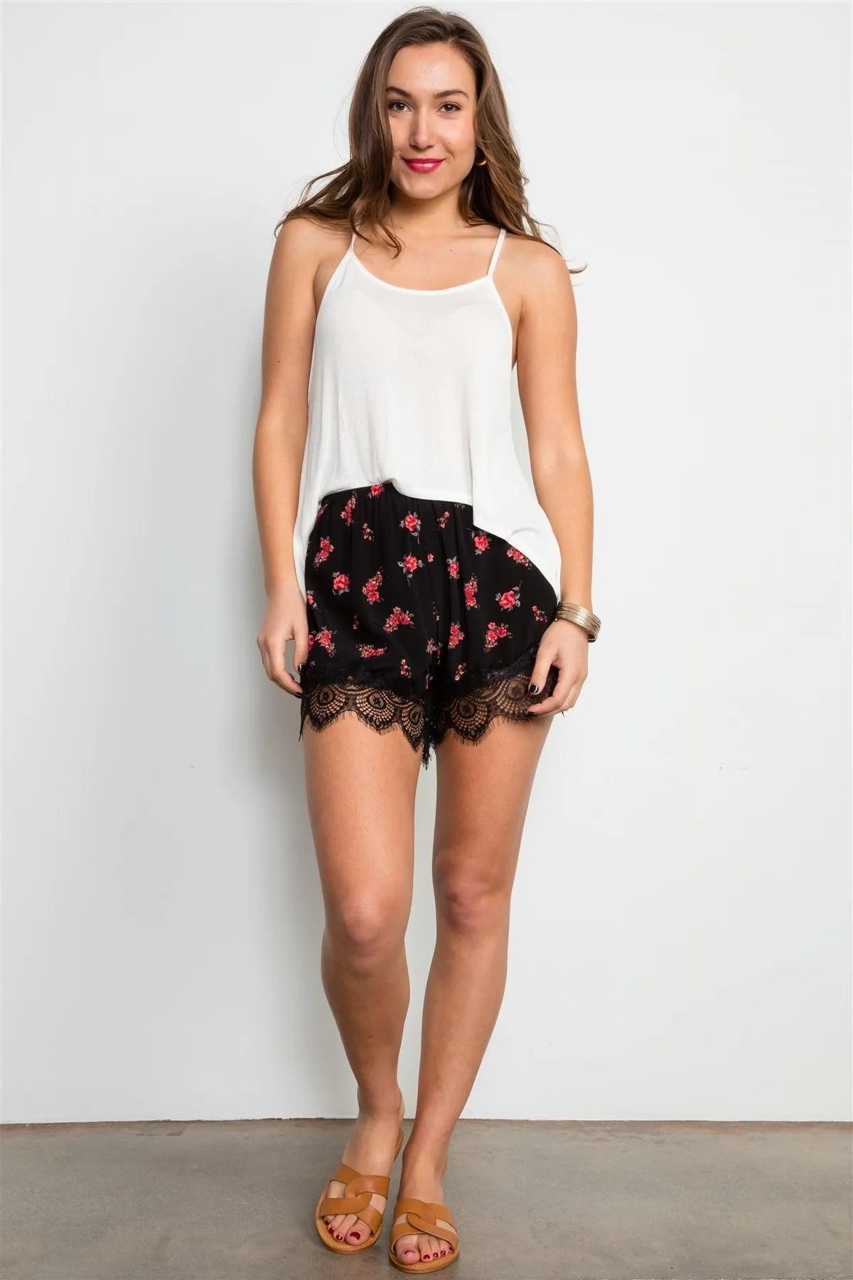 Black Floral Print With Lace Trim Hem Shorts /3-2-1 - Tasha Apparel Wholesale
