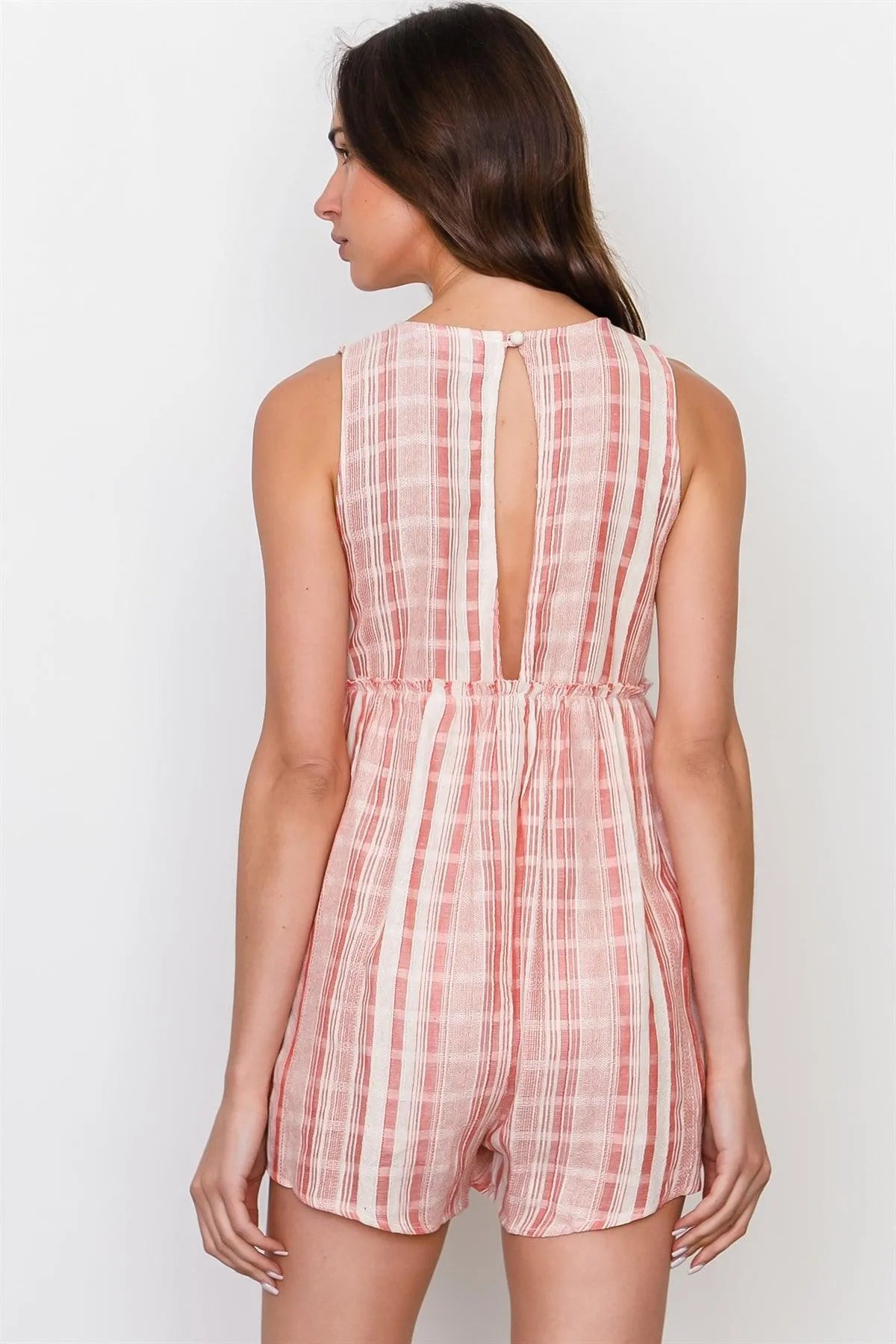 Boho Coral Stripe Back Keyhole Romper / 3-2-1 - Tasha Apparel Wholesale