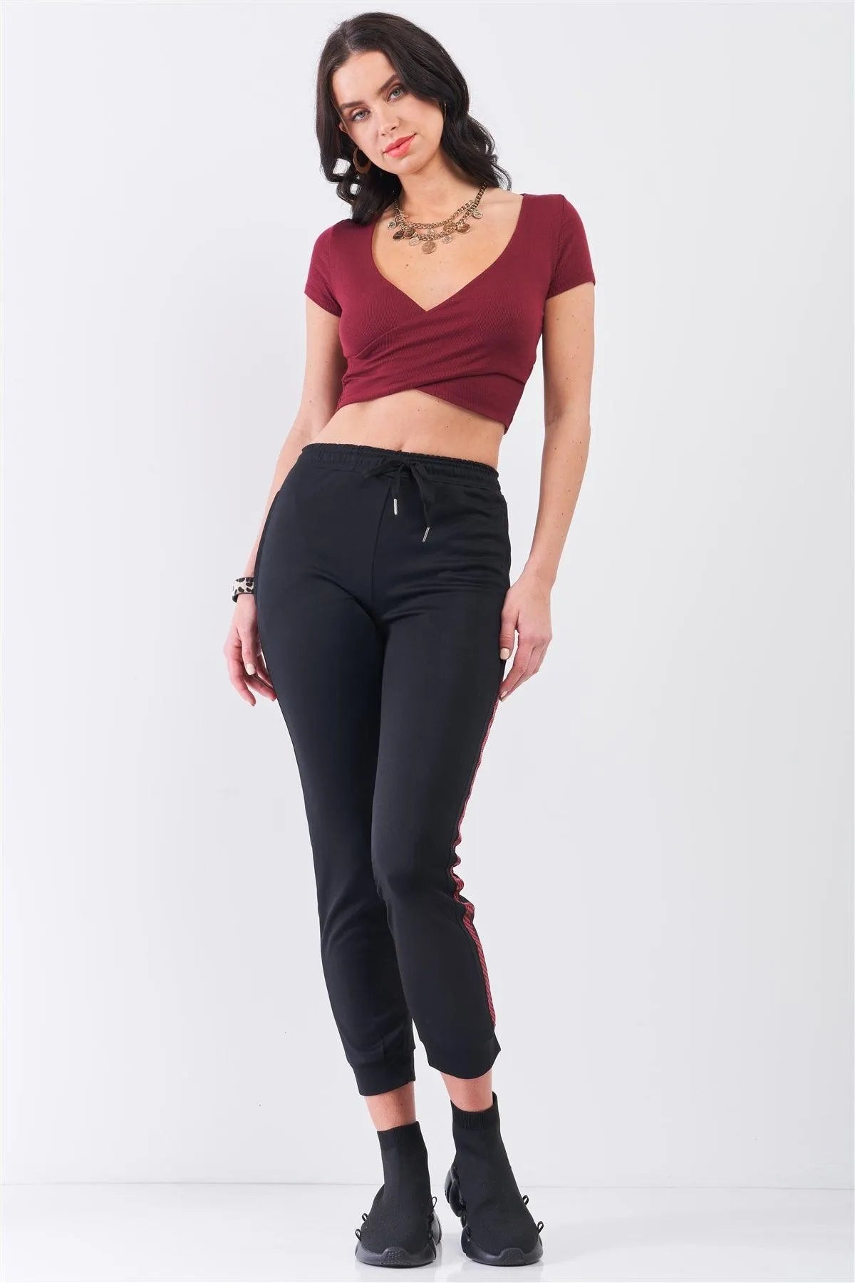 Black Red Checkered Side Tape Elastic Waist Sweatpants /2-2-2 - Tasha Apparel Wholesale