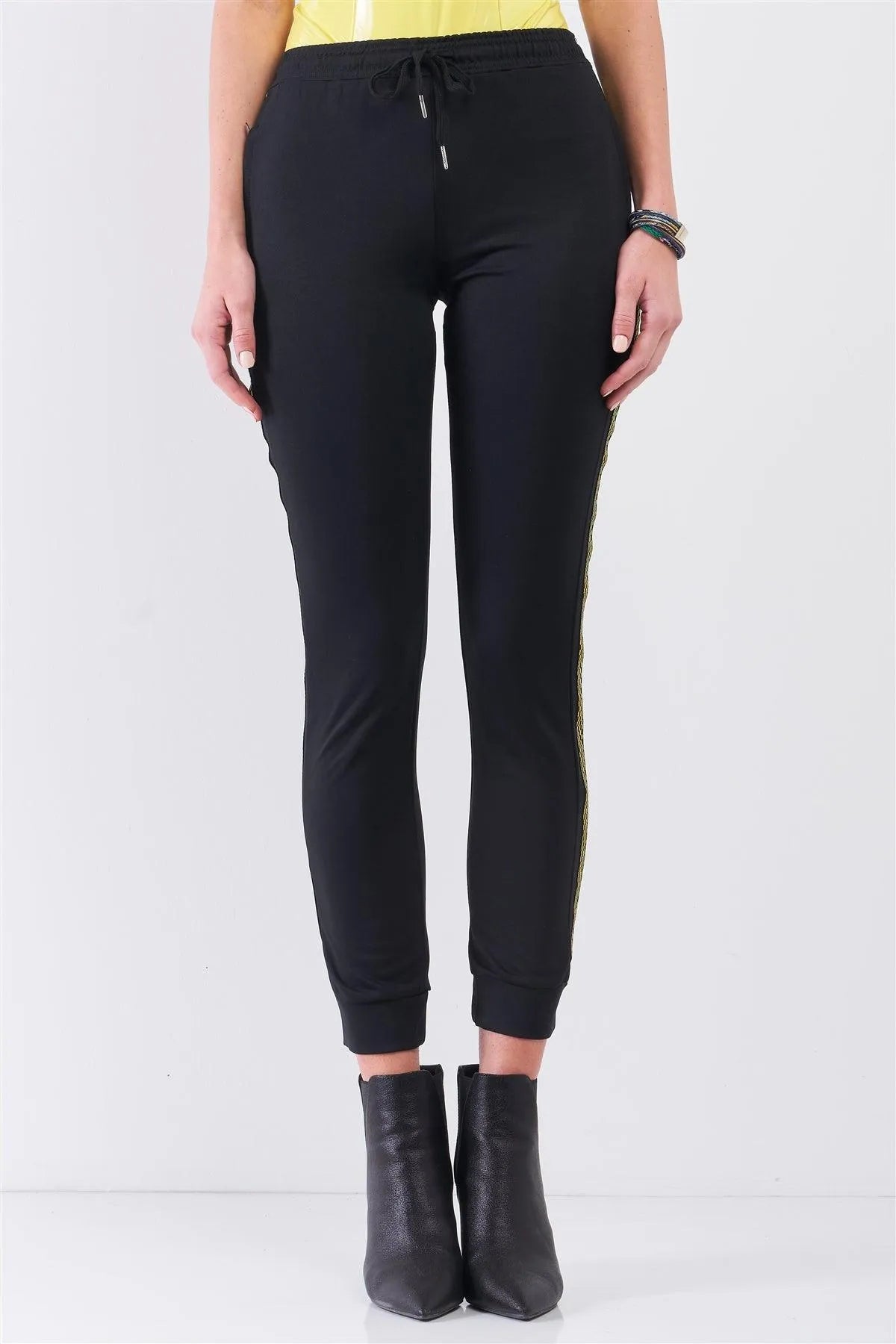 Black Yellow Checkered Side Tape Elastic Waist Sweatpants /1-2-2 - Tasha Apparel Wholesale