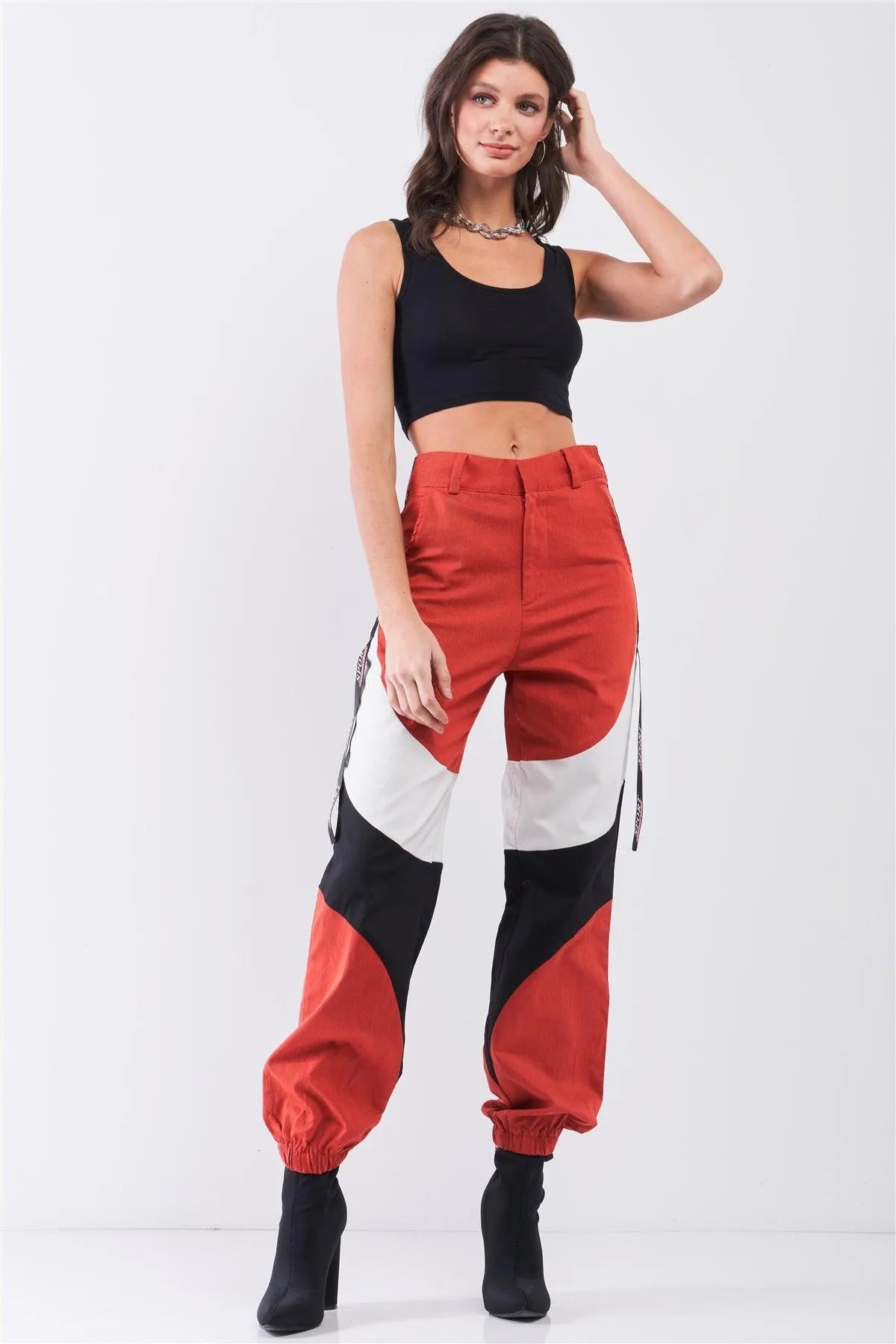 Rust Red High Waist Sport Print Detail Parachute Cargo Pants /3-2-1 - Tasha Apparel Wholesale