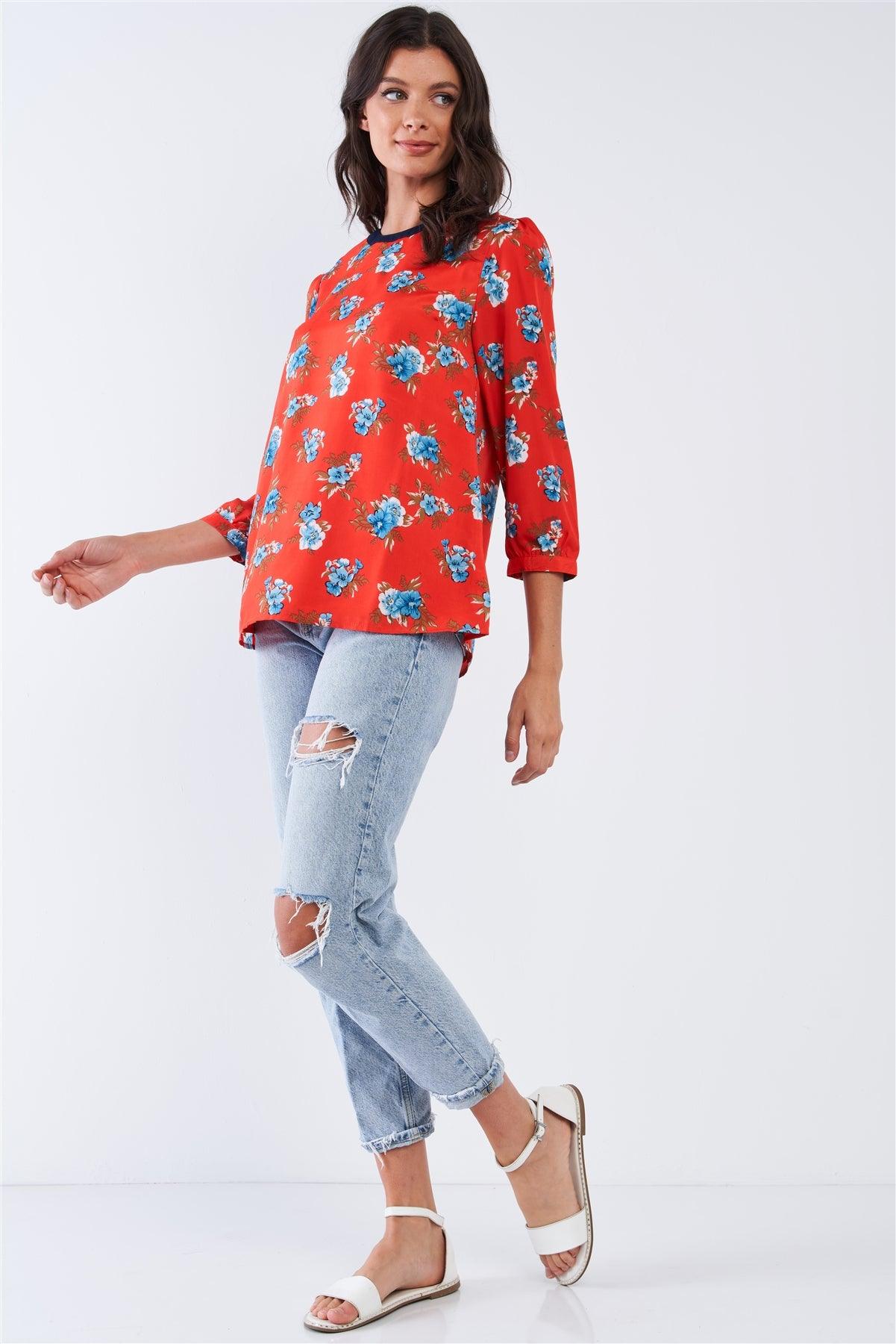 Cherry Red Blue Floral Print Mid Sleeve Navy Crew Neck Lose Fit Top