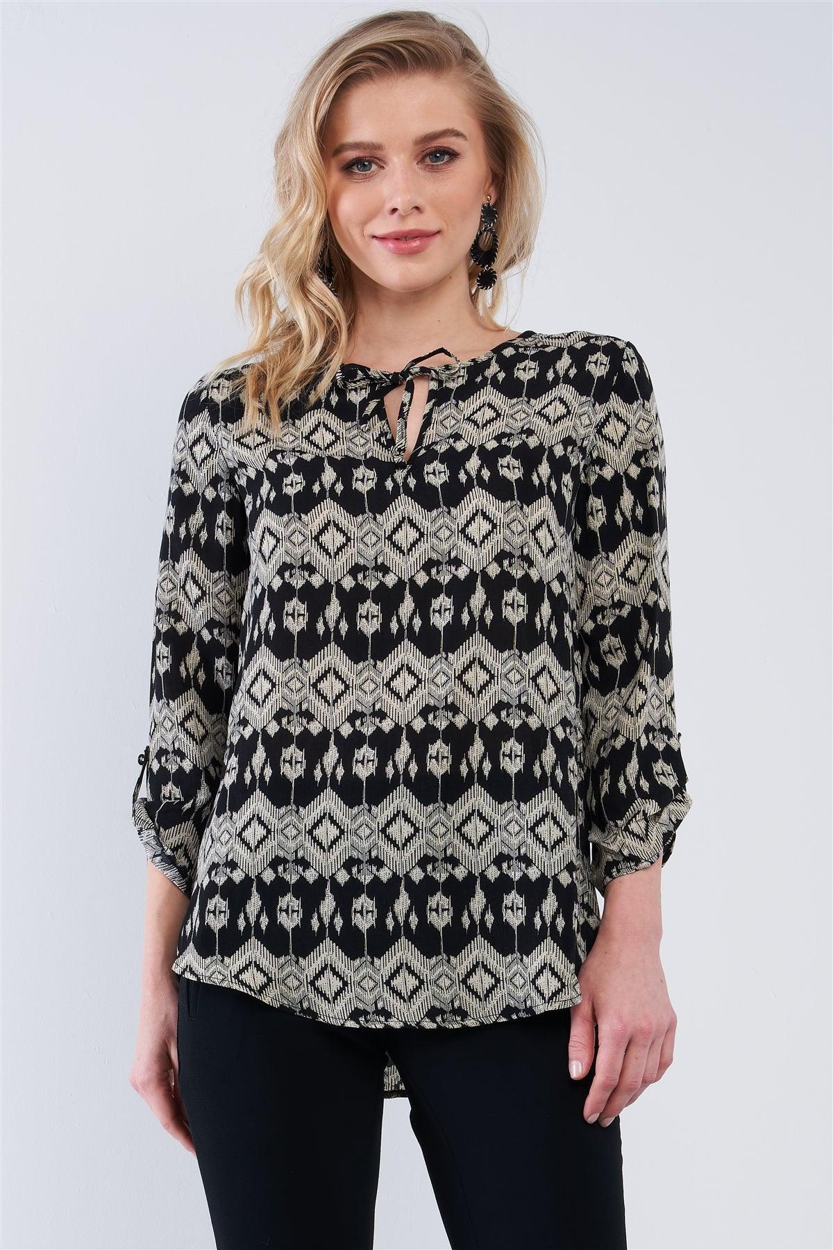 Black Multi Color Kaleidoscope Print Loose Fit String Tie Crew Neck Long Strapped Sleeve Top