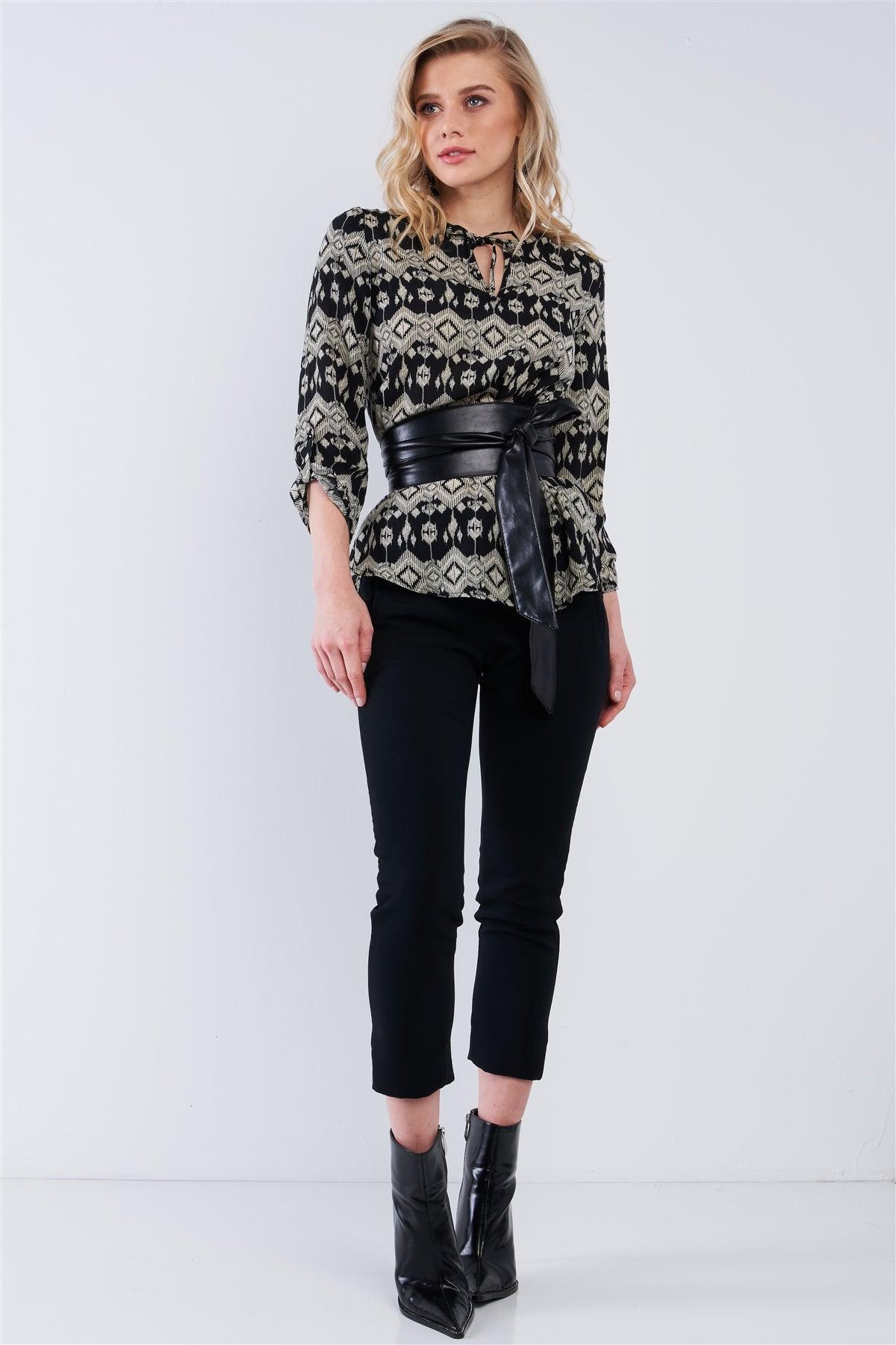 Black Multi Color Kaleidoscope Print Loose Fit String Tie Crew Neck Long Strapped Sleeve Top