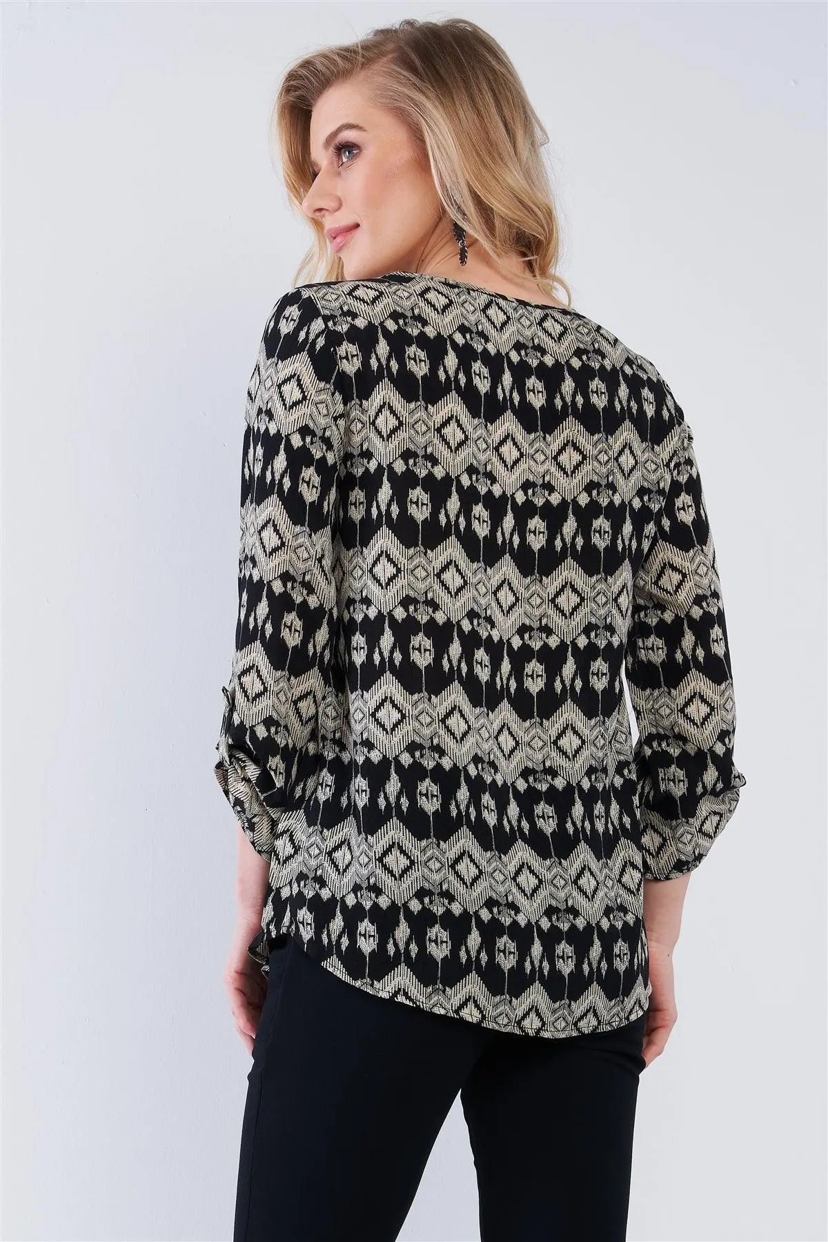 Black Multi Color Kaleidoscope Print Loose Fit String Tie Crew Neck Long Strapped Sleeve Top /2-2-2 - Tasha Apparel Wholesale