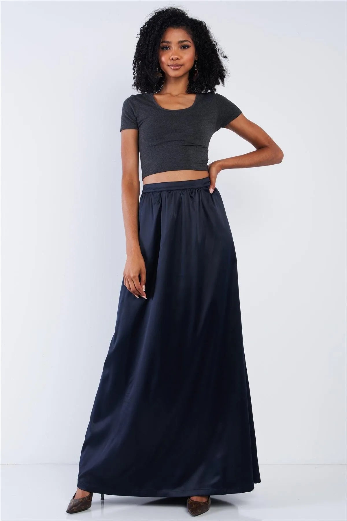 Solid Navy Blue Satin High Waist Flowing Maxi Skirt /1-2-2-1 - Tasha Apparel Wholesale