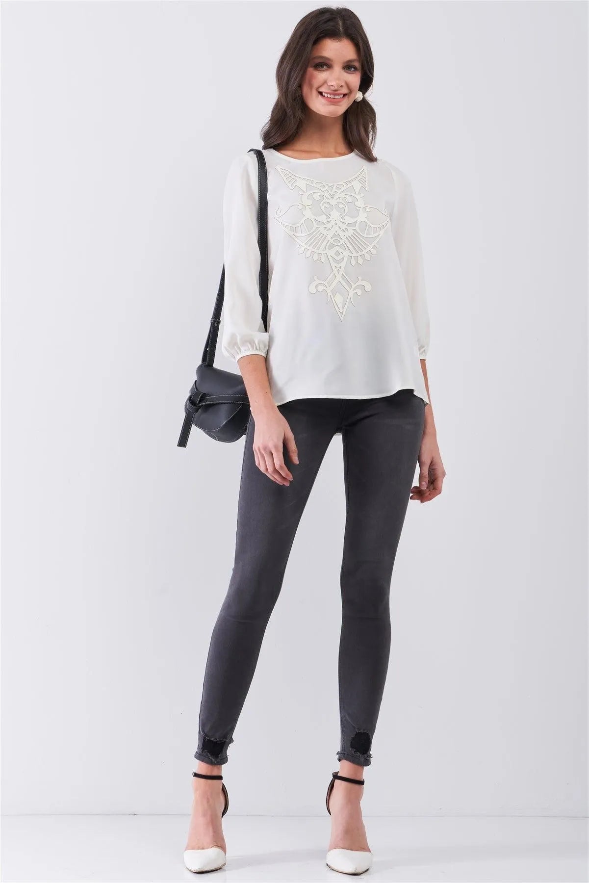 Creme Round Neck 3/4 Puff Sleeve Vegan Leather Front Detail Loose Fit Top - Tasha Apparel Wholesale