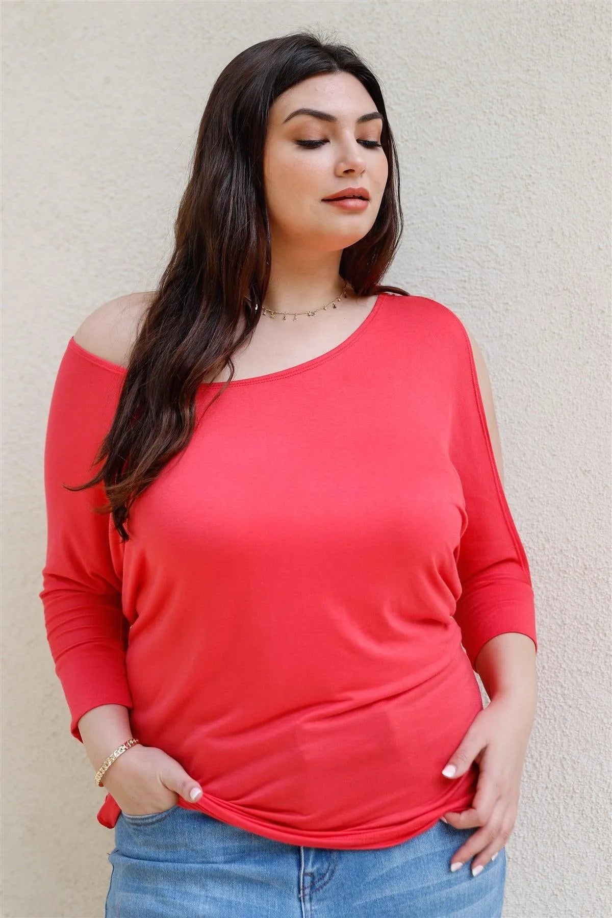Junior Plus Coral Cold Shoulder Midi Sleeve Top /2-2-2 - Tasha Apparel Wholesale