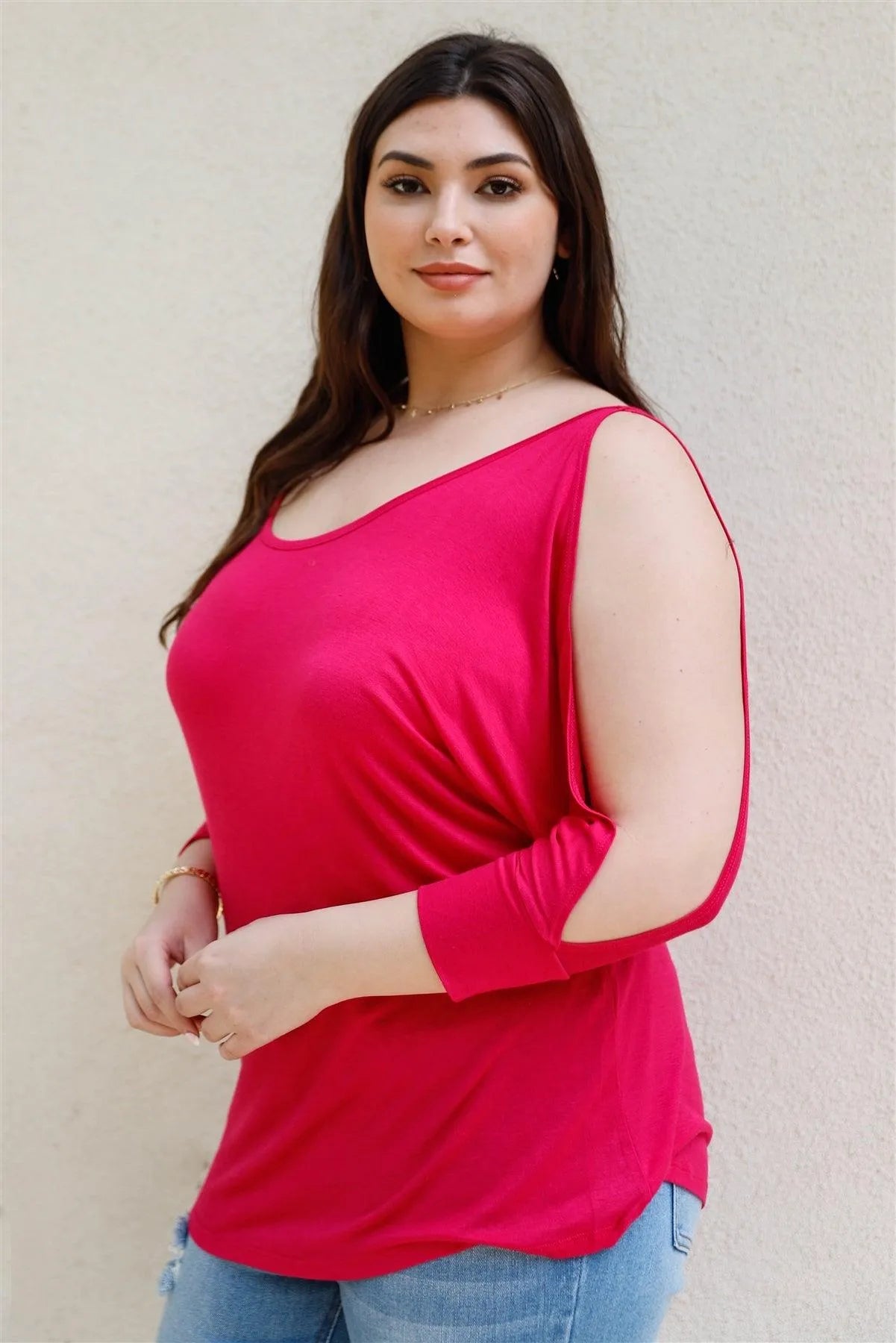 Junior Plus Dark Fuchsia Cold Shoulder Midi Sleeve Top /2-2-2 - Tasha Apparel Wholesale
