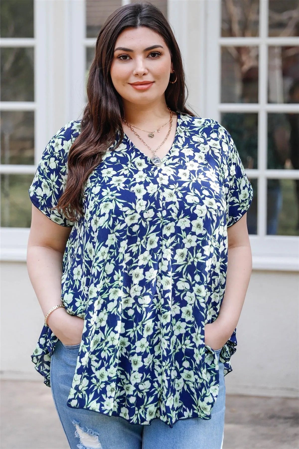 Junior Plus Navy Flower Print V-Neck Short Sleeve Top /2-2-2 - Tasha Apparel Wholesale
