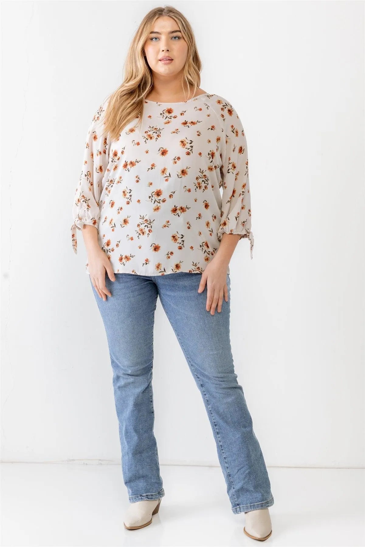 Junior Plus Ivory Floral Tie Midi Sleeve Back Zipper Relax Top /1-1-1 - Tasha Apparel Wholesale