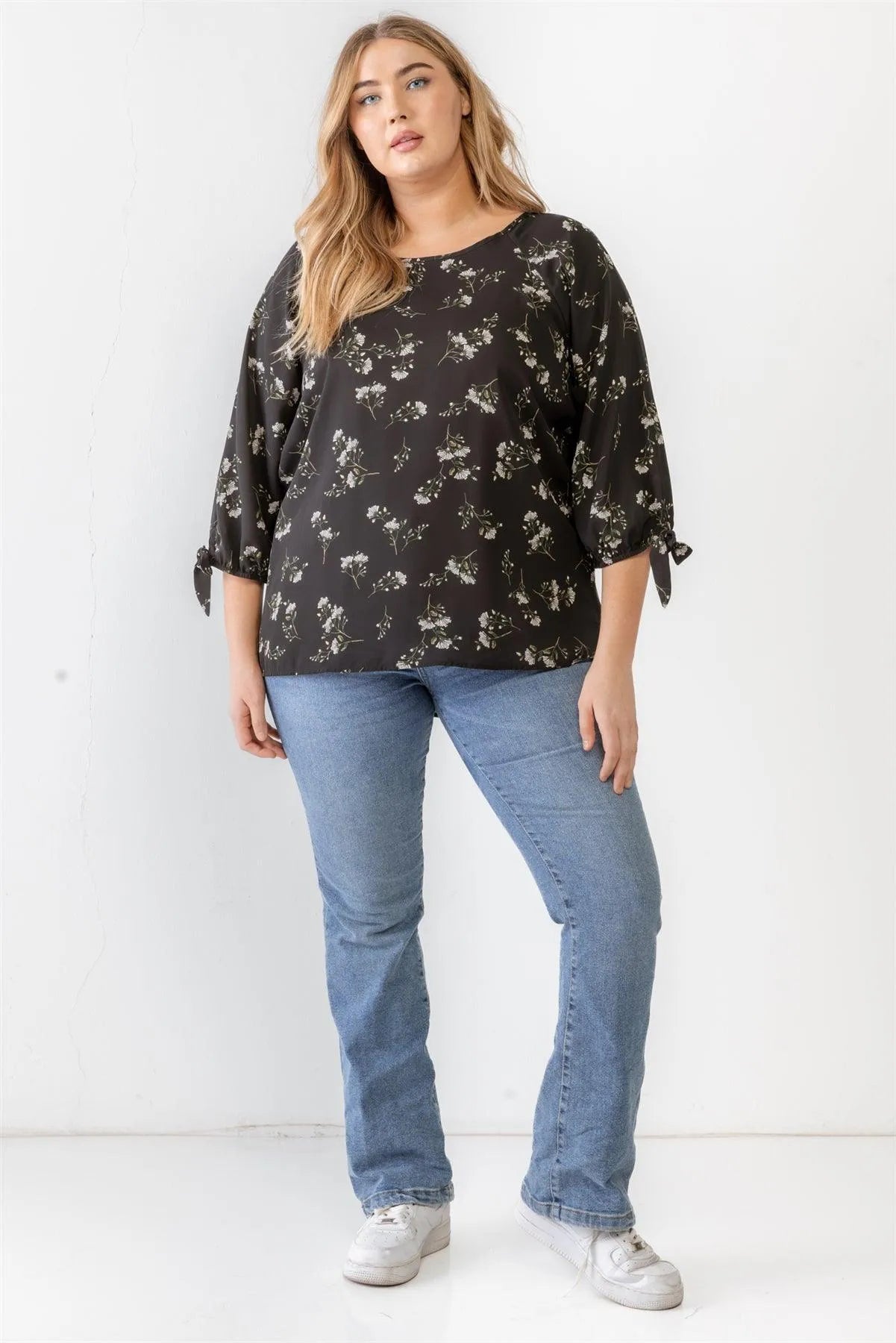 Plus Size Floral Tie Midi Sleeve Back Zipper Relax Top - Tasha Apparel Wholesale