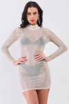 Nude Rhinestone Myriad Sheer Mesh Long Sleeve High Neck Bodycon Mini Dress