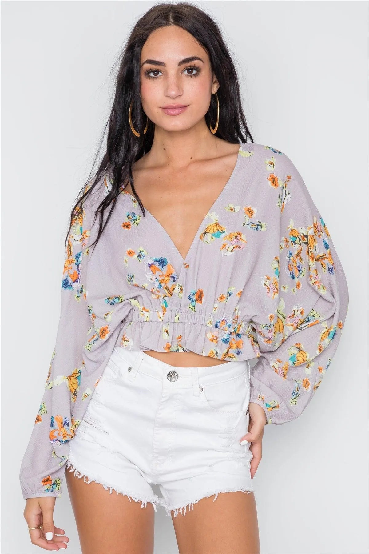 Mauve Batwing Floral Surplice Neck Top /3-2-1 - Tasha Apparel Wholesale
