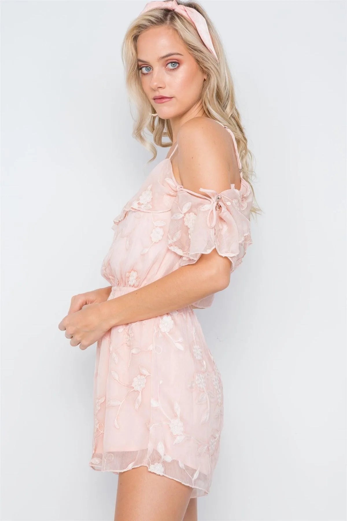 Nude Floral Embroidery Flounce Cami Romper /1-3-2-1 - Tasha Apparel Wholesale