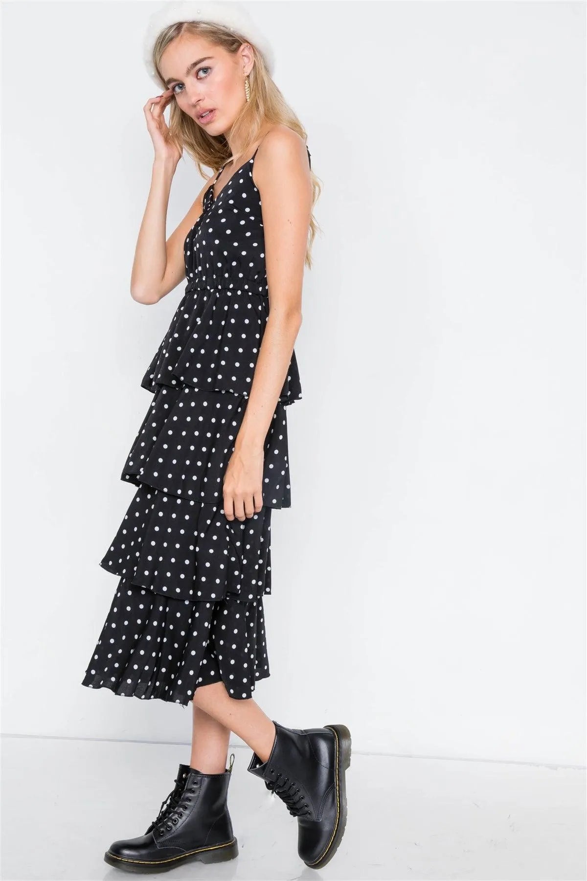 Black Tiered Ruffle Polkadot Midi Dress /2-2-2 - Tasha Apparel Wholesale