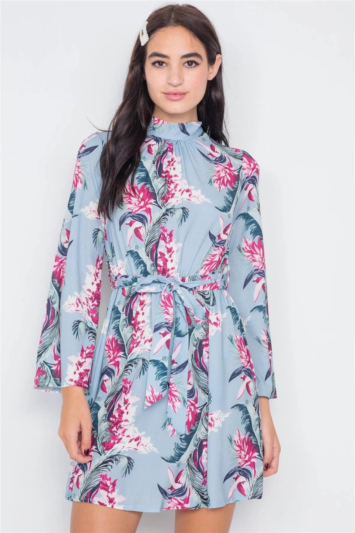 Blue Floral Print Halter Open Back Mini Dress - Tasha Apparel Wholesale