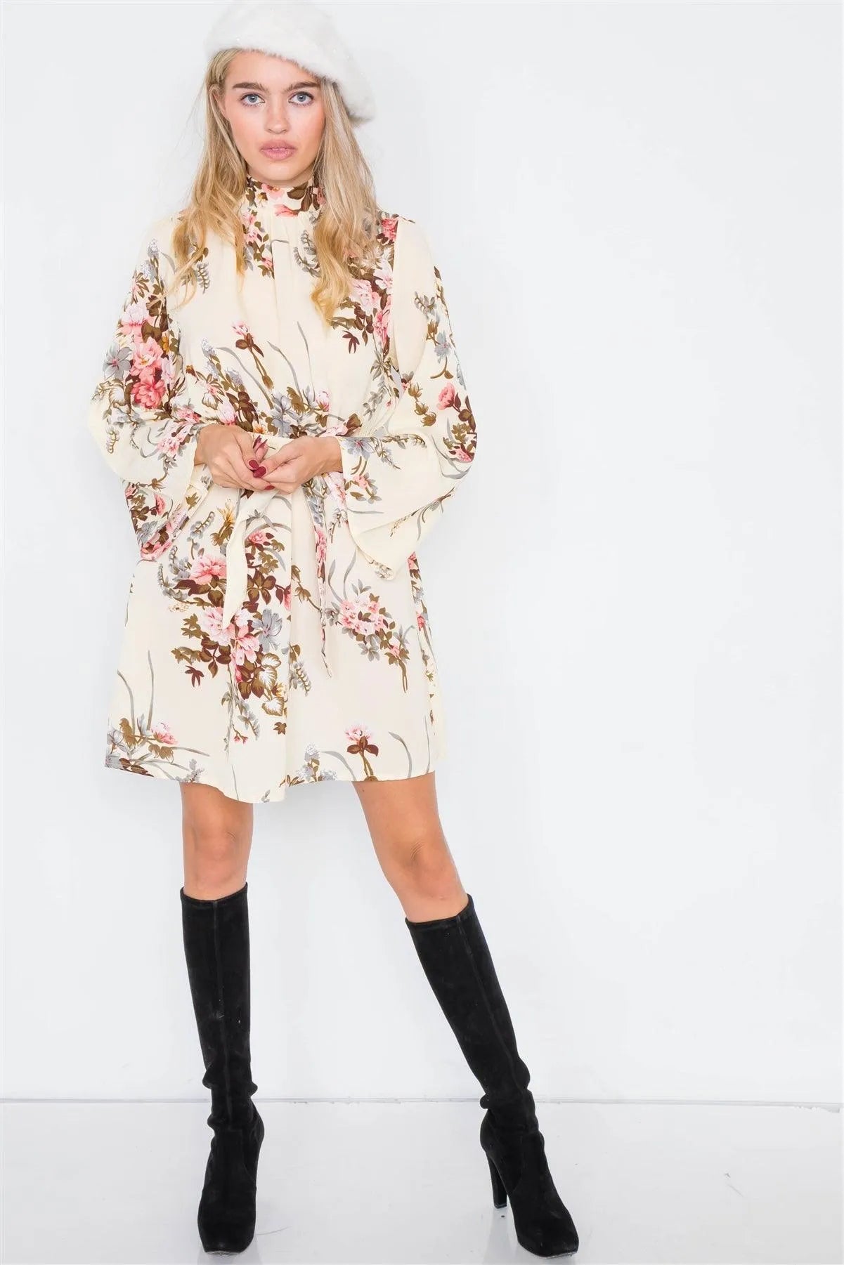 Ivory & Mauve Floral Print Halter Open Back Mini Dress /2-2-2 - Tasha Apparel Wholesale