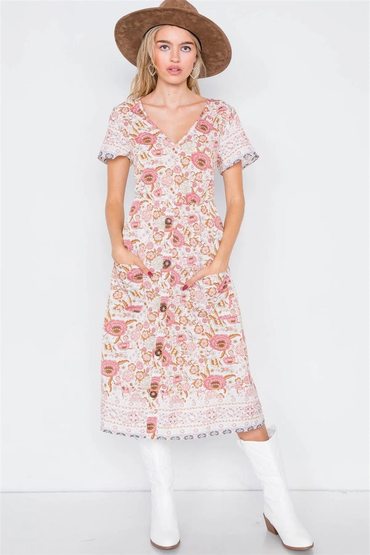 Off White Floral Boho Print Midi Dress /2-2-2 - Tasha Apparel Wholesale