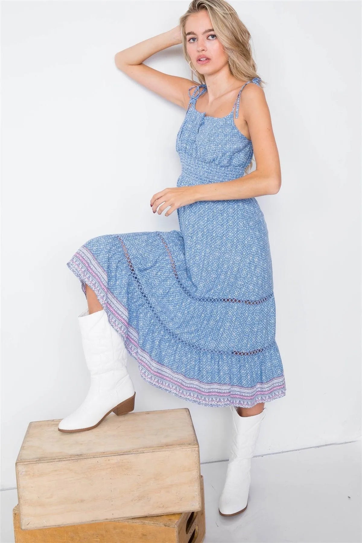 Blue Eyelet Marble Floral Boho Chic Midi Dress /2-2-2 - Tasha Apparel Wholesale