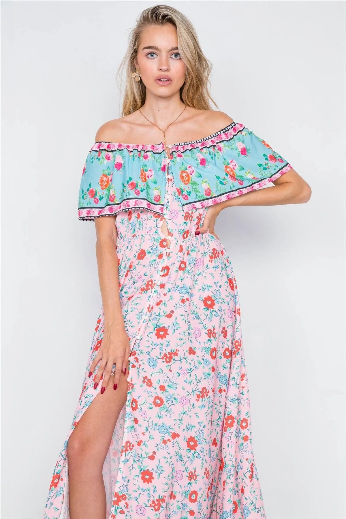Multi Boho Floral Print Festival Off-The-Shoulder Maxi Dress /2-2-2 - Tasha Apparel Wholesale