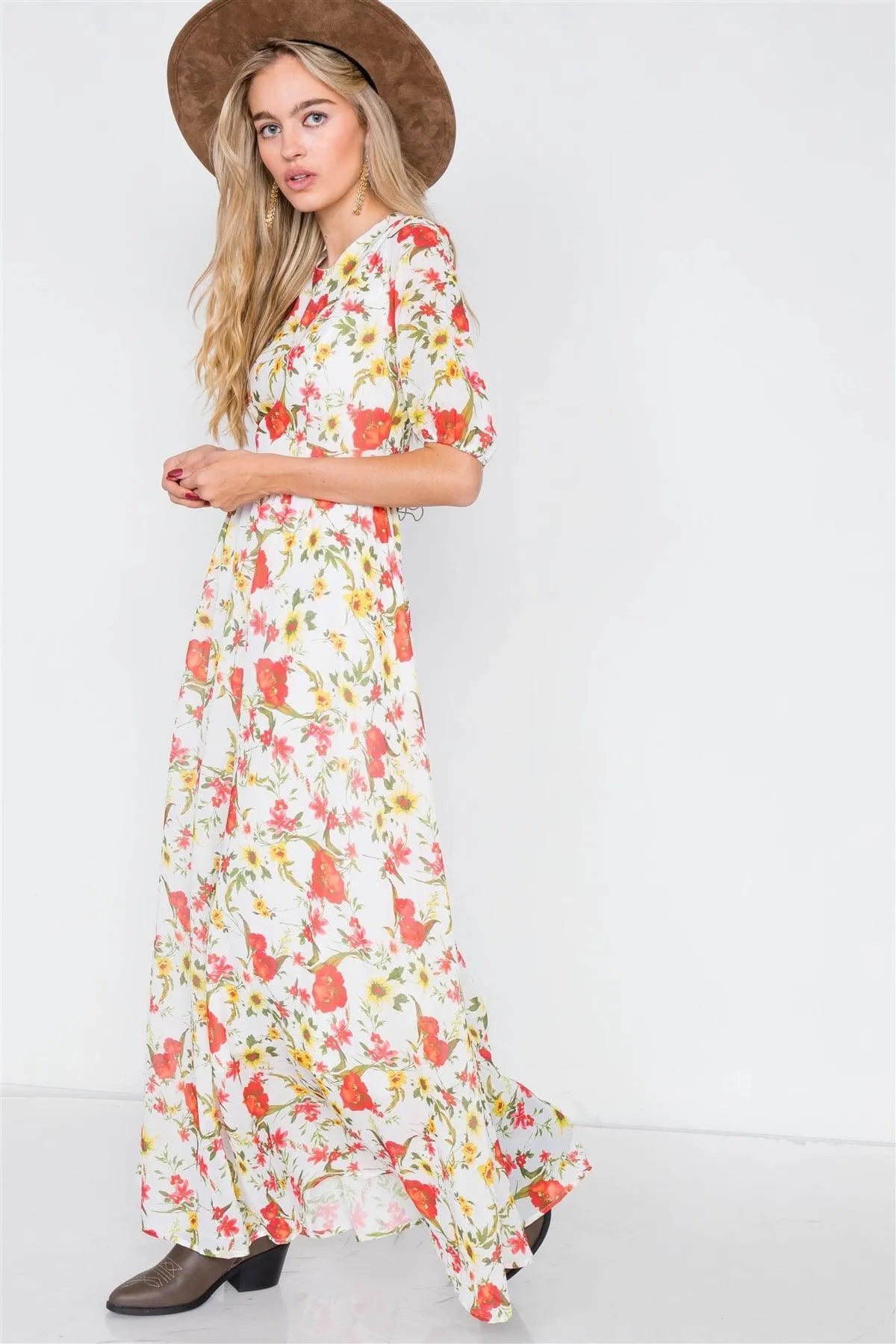 Beige Chic Semi-Sheer Floral Print Maxi Dress /1-2-2 - Tasha Apparel Wholesale