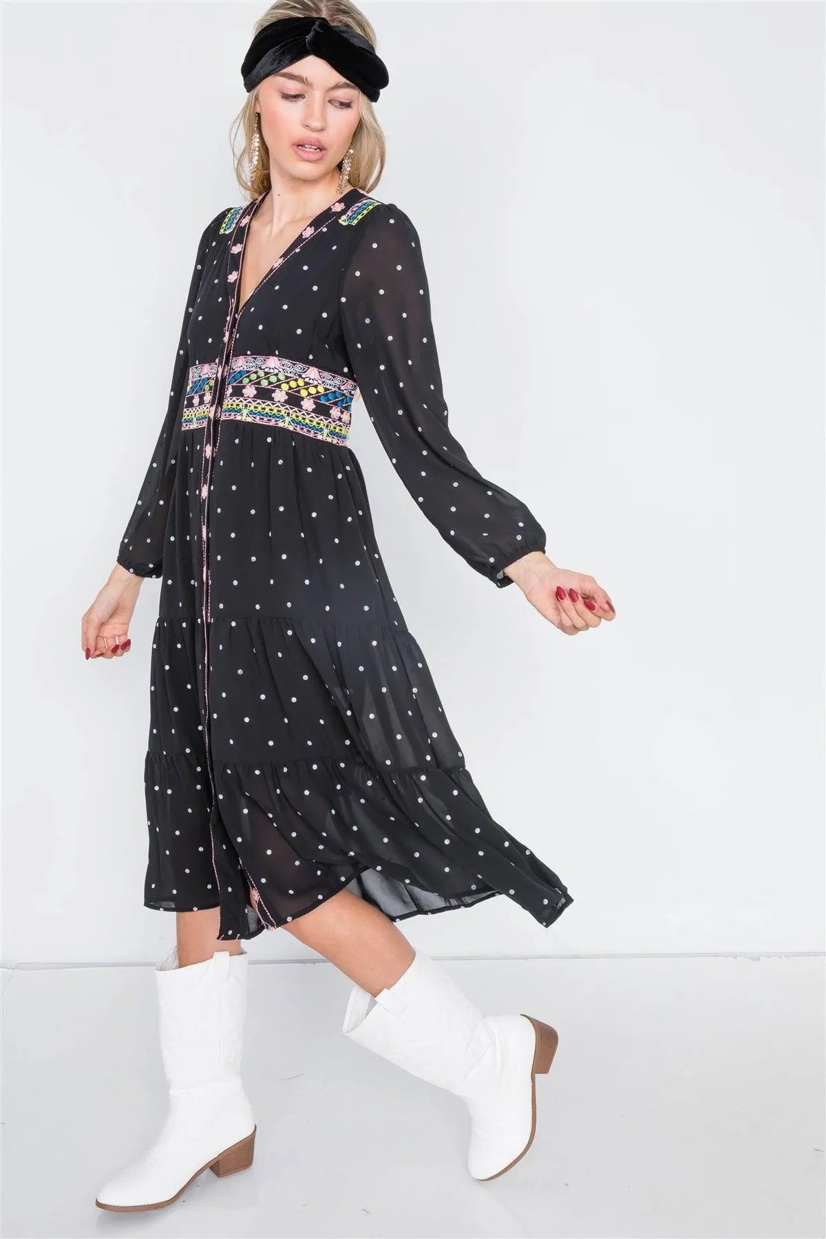 Black & Floral Embroidered Polkadot Tiered Babydoll Midi Dress /2-2-2 - Tasha Apparel Wholesale