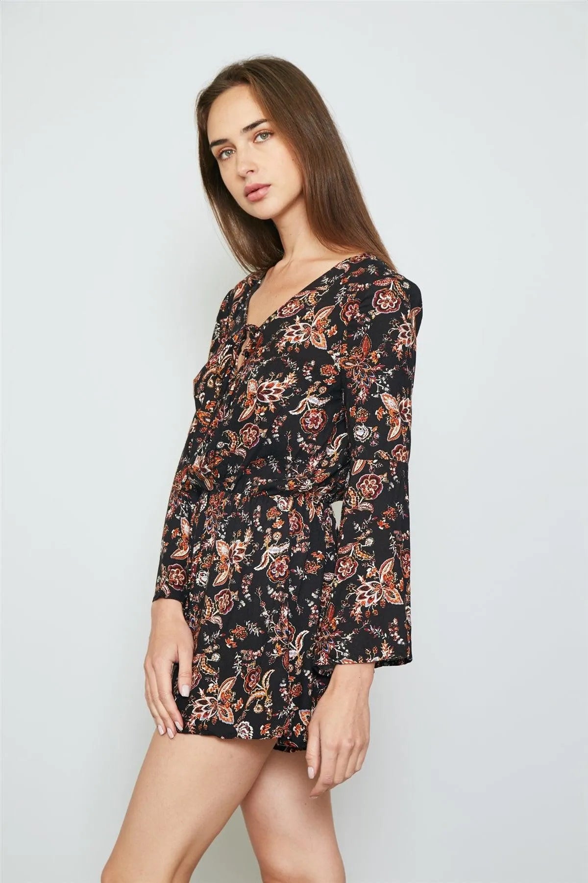 Black Floral Print Tie Front Bell Sleeves Romper / 2-2-2 - Tasha Apparel Wholesale