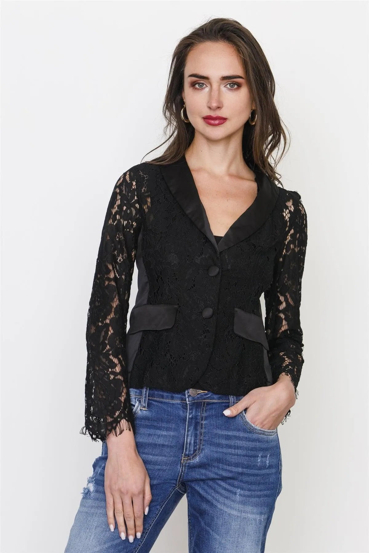 Black Floral Lace Blazer / 3-2-1 - Tasha Apparel Wholesale