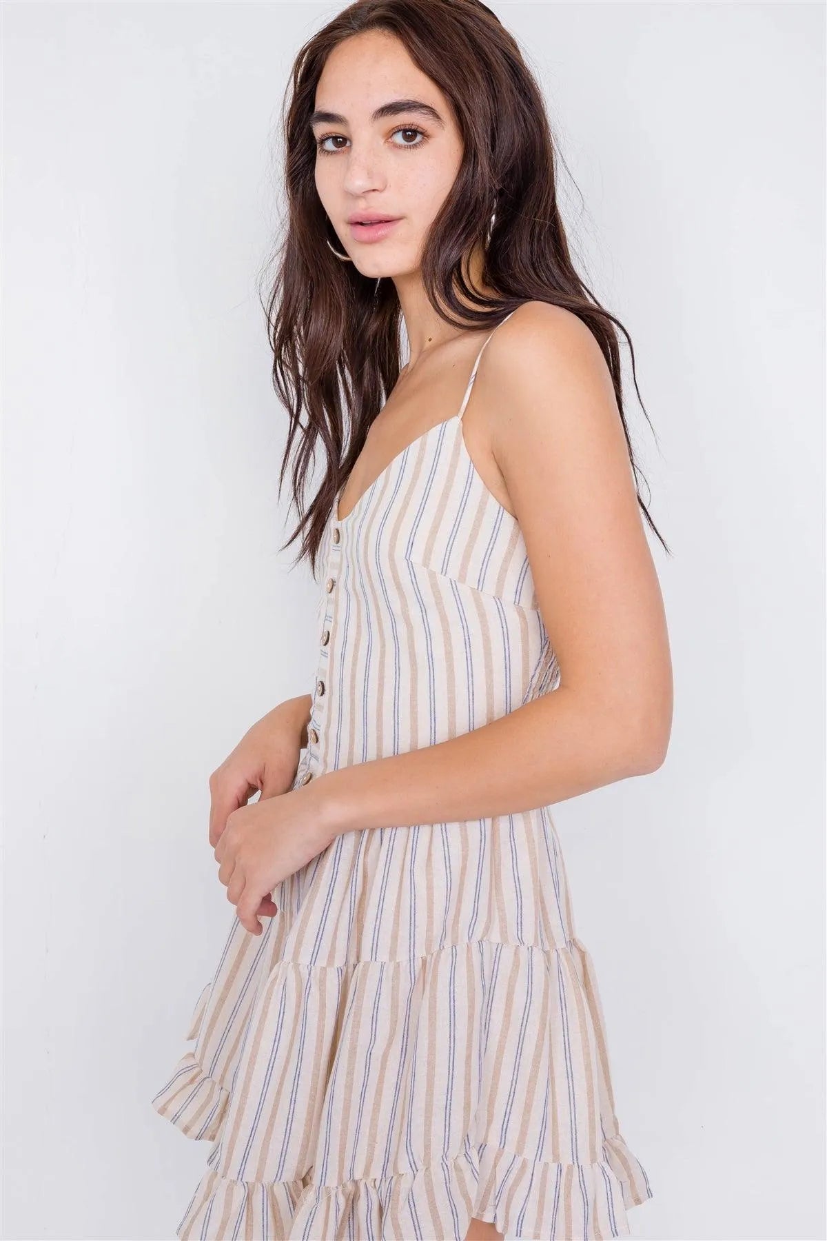 Vintage Natural & Navy Multi Stripe Frill Trim Hem Boho Chic Linen Romper /2-2-1 - Tasha Apparel Wholesale