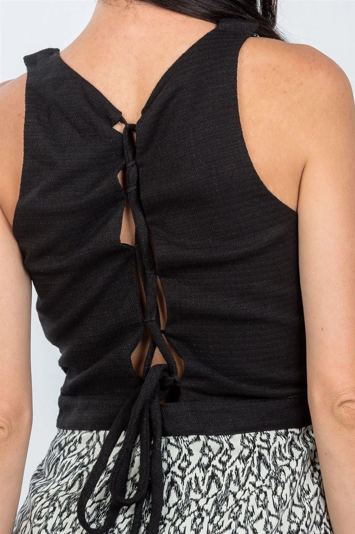 Black Printed Back Lace Up Jumpsuit / 3-2-1 - Tasha Apparel Wholesale