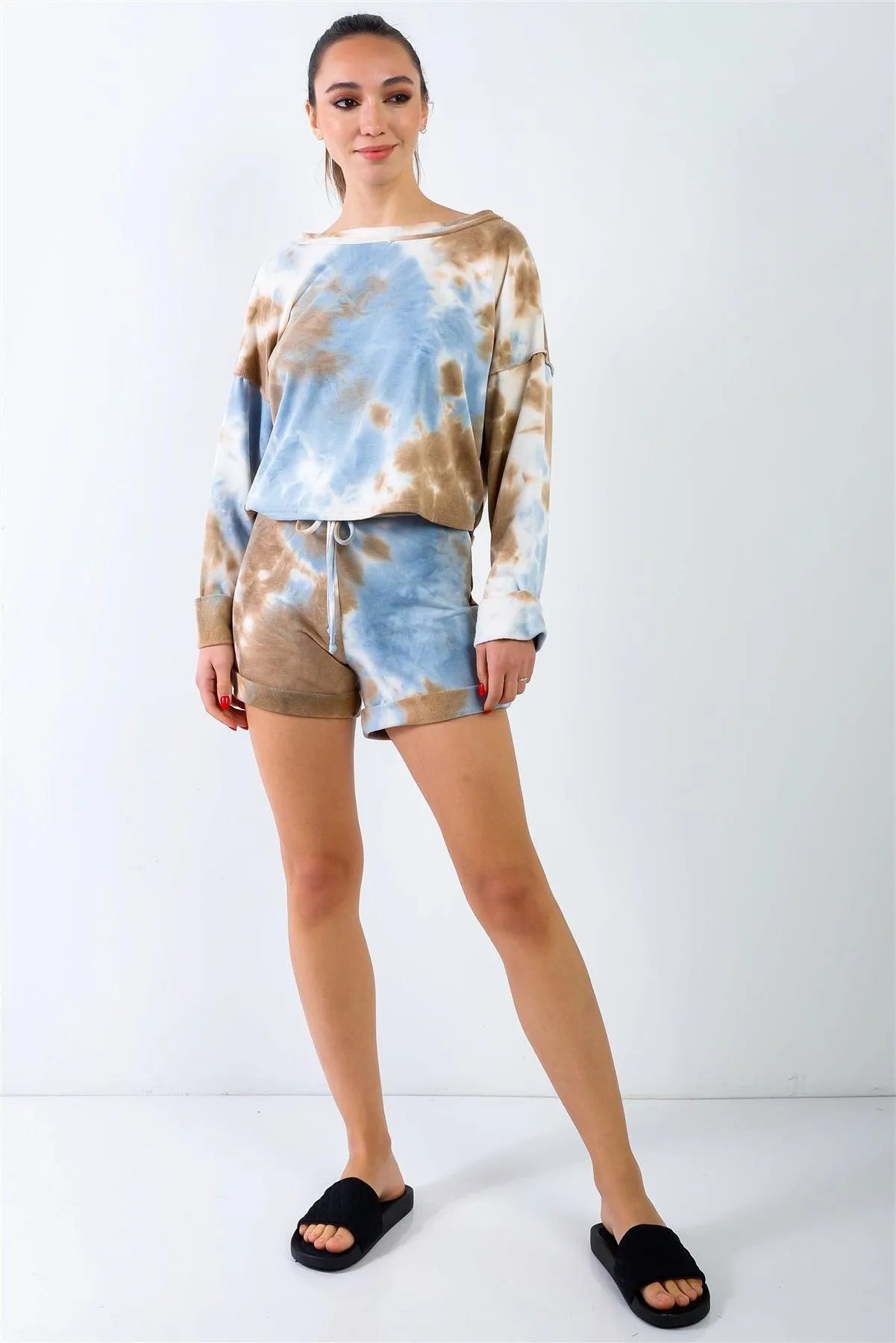 Blue & Mocha Tie-Dye Inside Out Wrap Open Back Sweatshirt & High Waist Shorts Set /3-2-1 - Tasha Apparel Wholesale